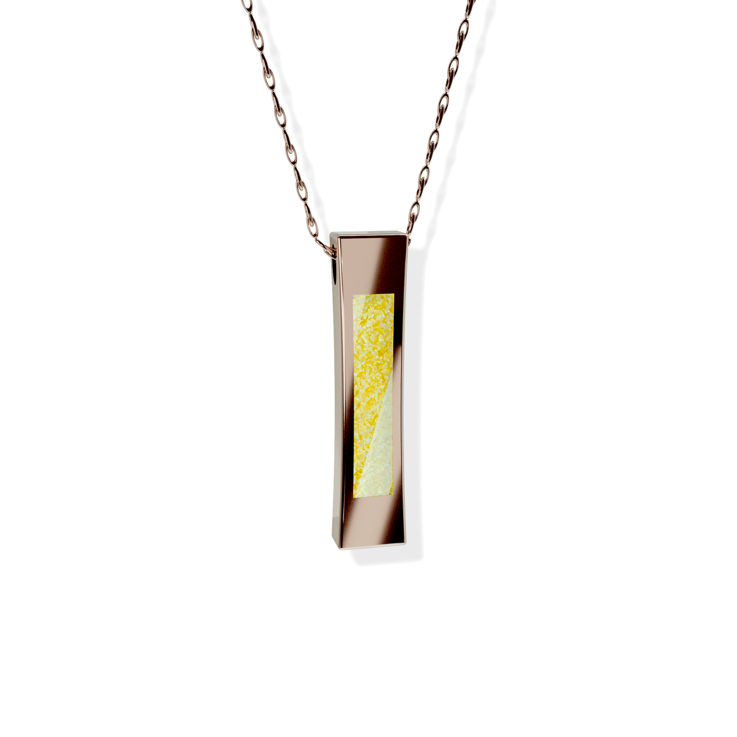 Opals & Ashes Bar Unisex Memorial Pendant 9ct Rose Gold. Ashes blended with Summer Yellow Opals.