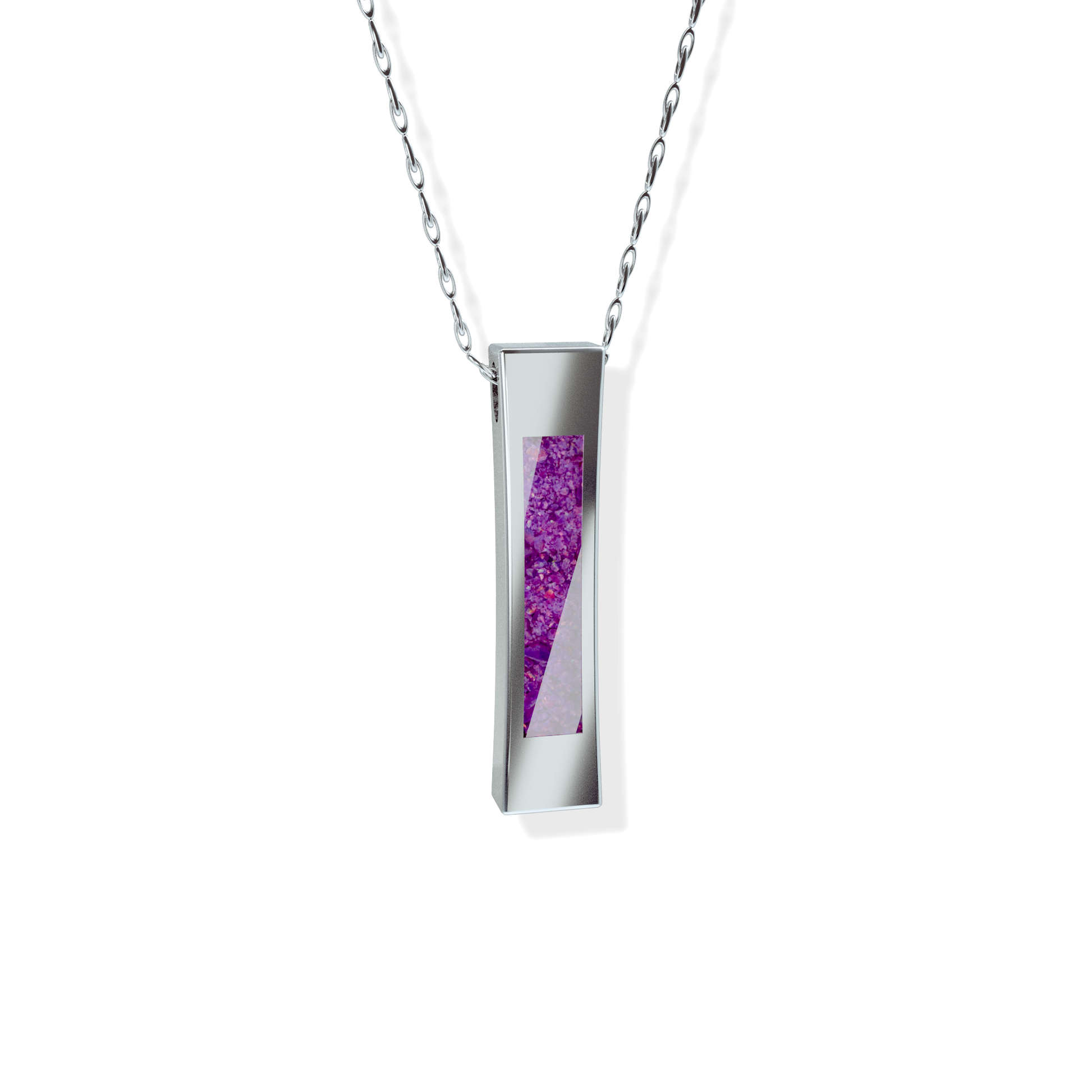 Opals & Ashes Bar Unisex Memorial Pendant Silver. Ashes blended with Lavender Opals.