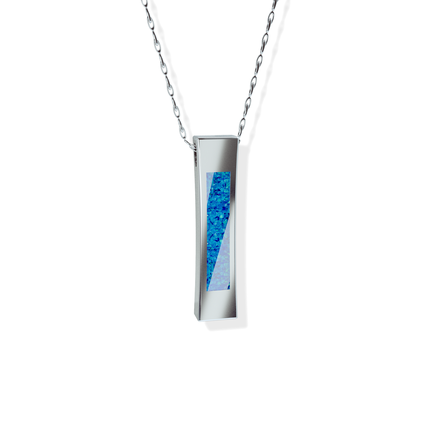 Opals & Ashes Bar Unisex Memorial Pendant Silver. Ashes blended with Pacific Blue Opals.