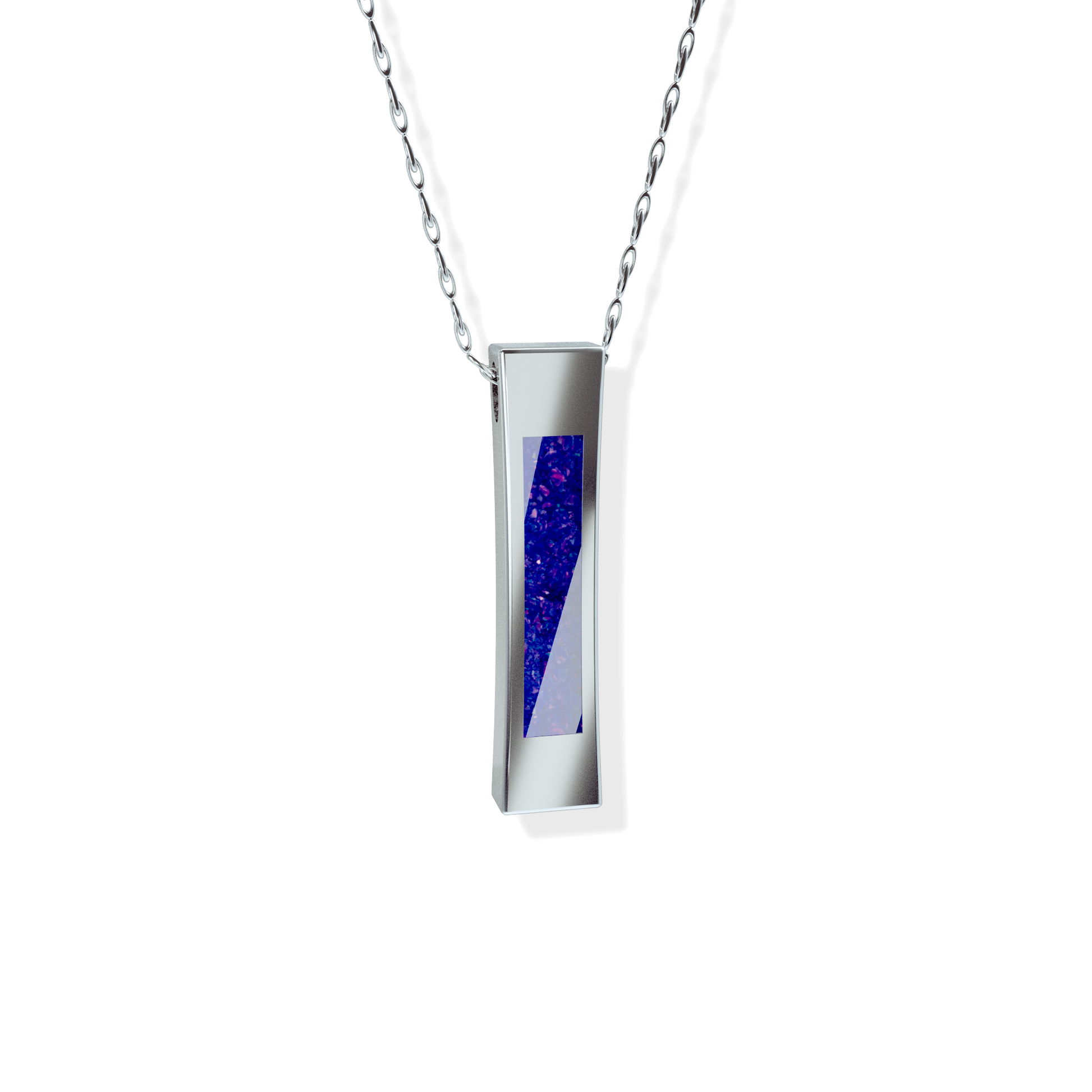 Opals & Ashes Bar Unisex Memorial Pendant Silver. Ashes blended with Royal Blue Opals.