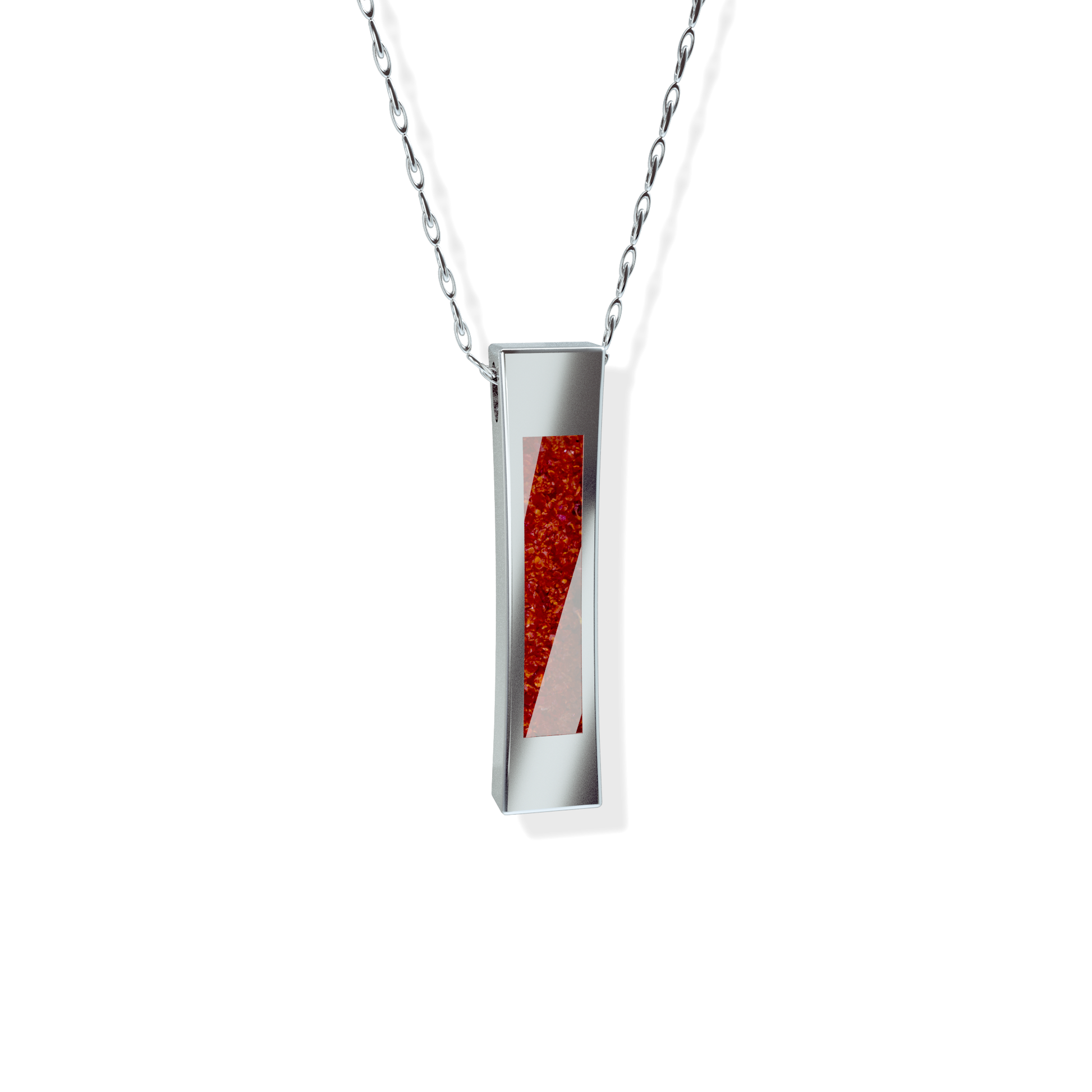 Opals & Ashes Bar Unisex Memorial Pendant Silver. Ashes blended with Ruby Red Opals.