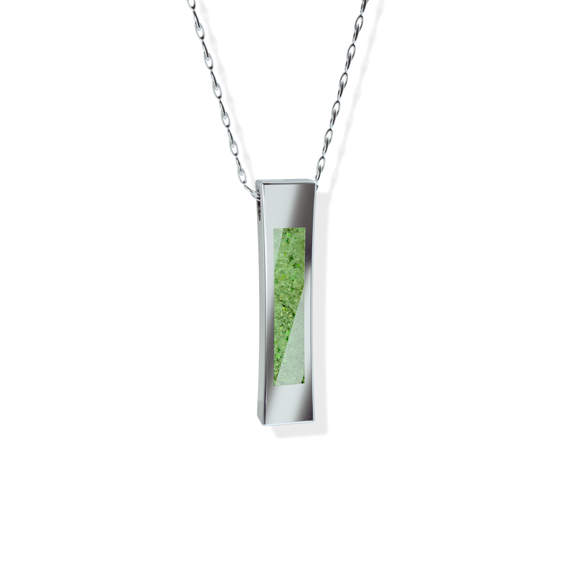 Opals & Ashes Bar Unisex Memorial Pendant Silver. Ashes blended with Spring Green Opals.