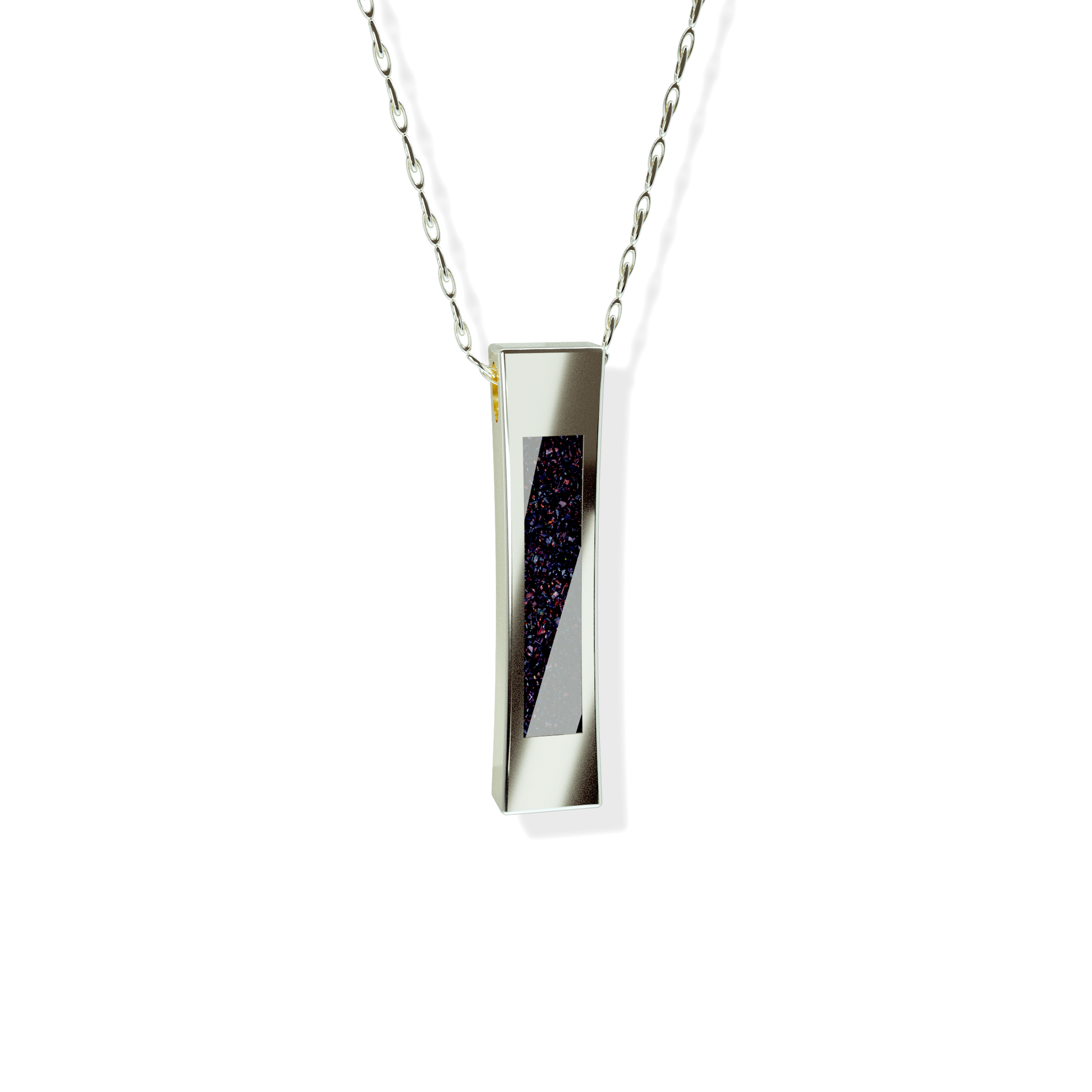 Opals & Ashes Bar Unisex Memorial Pendant 9ct White Gold. Ashes blended with Black Fire Opals.