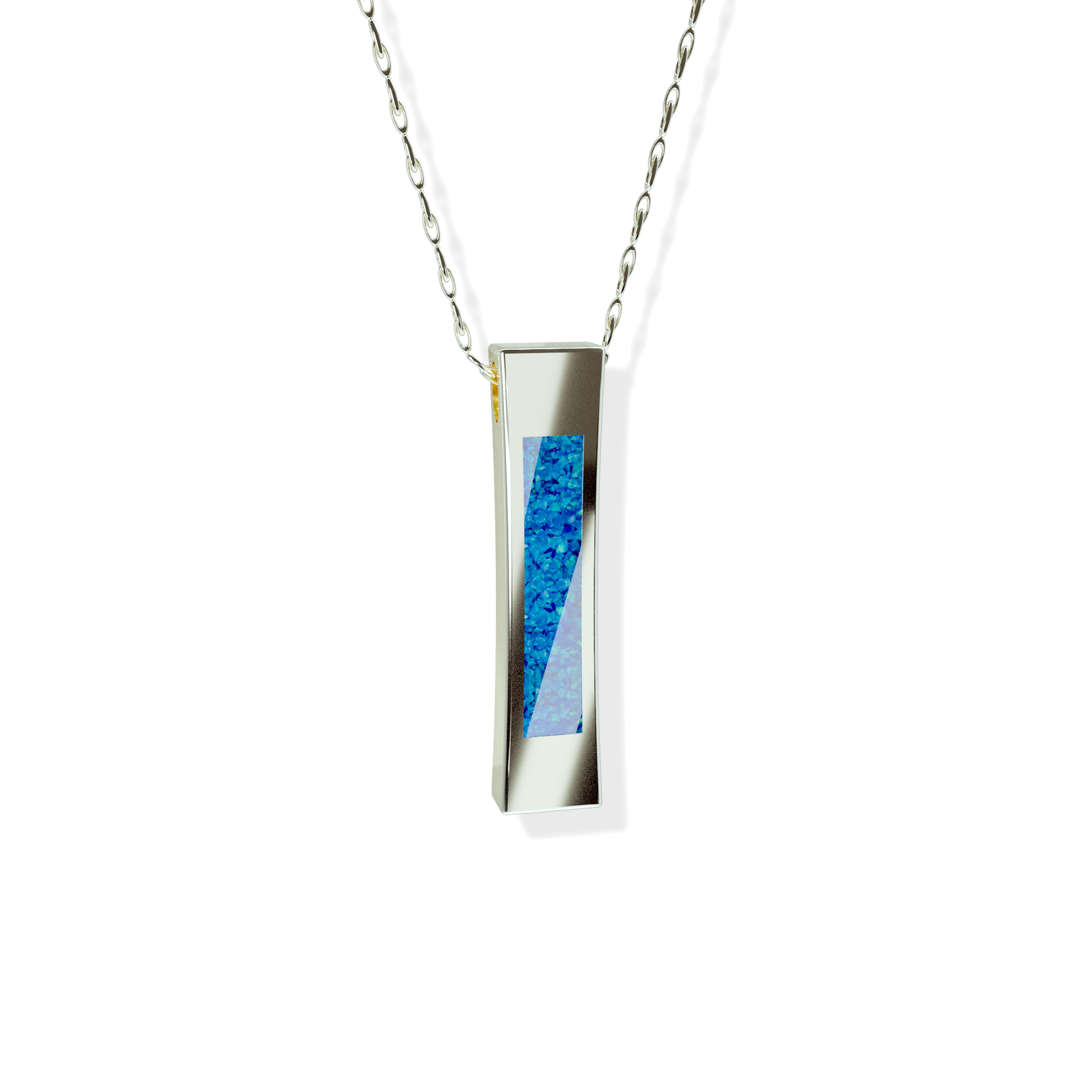 Opals & Ashes Bar Unisex Memorial Pendant 9ct Rose Gold. Ashes blended with Pacific Blue Opals.