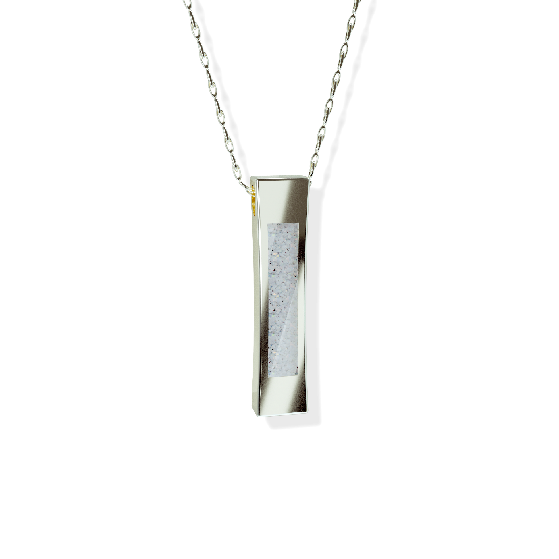 Opals & Ashes Bar Unisex Memorial Pendant 9ct White Gold. Ashes blended with Pearl White Opals.