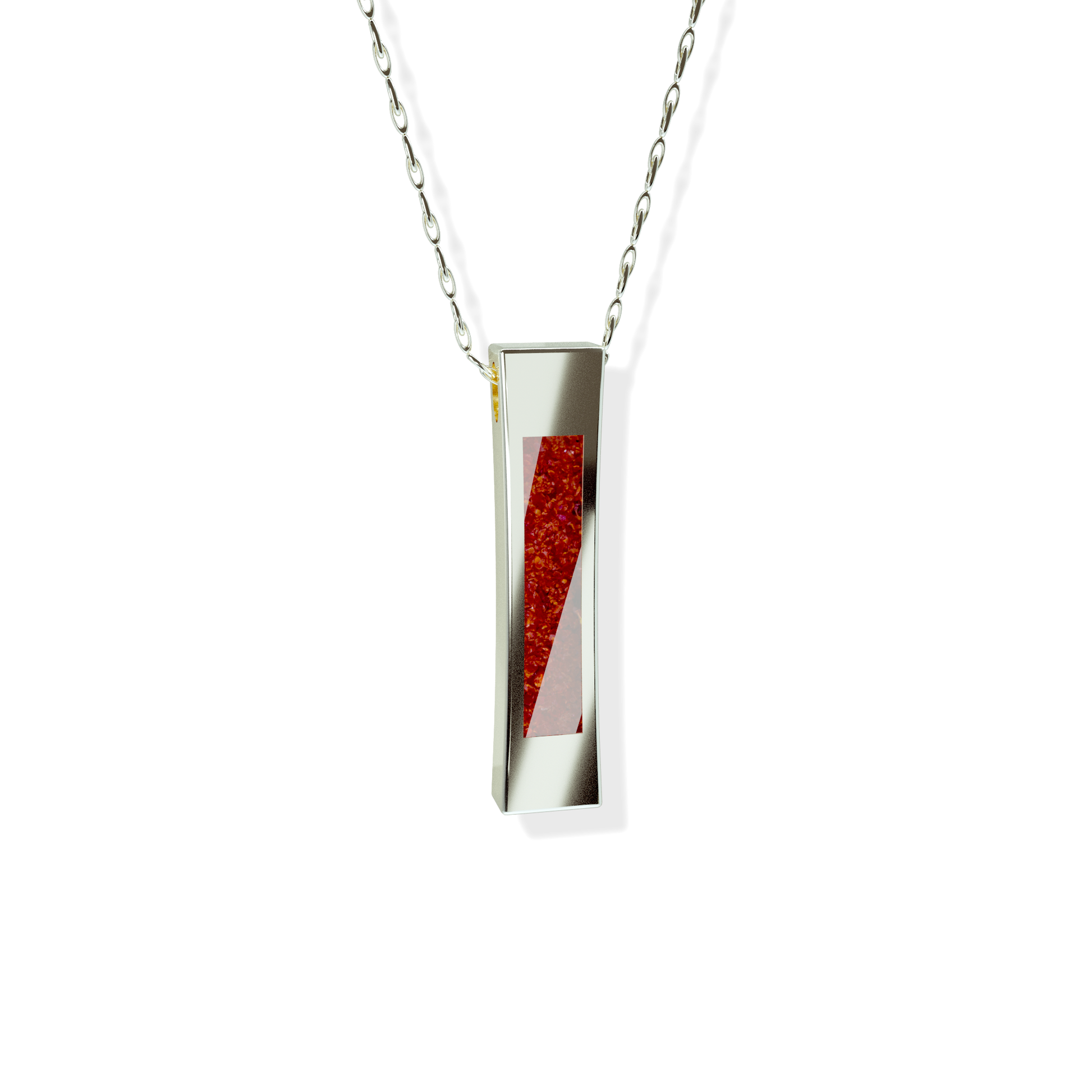 Opals & Ashes Bar Unisex Memorial Pendant 9ct White Gold. Ashes blended with Ruby Red Opals.