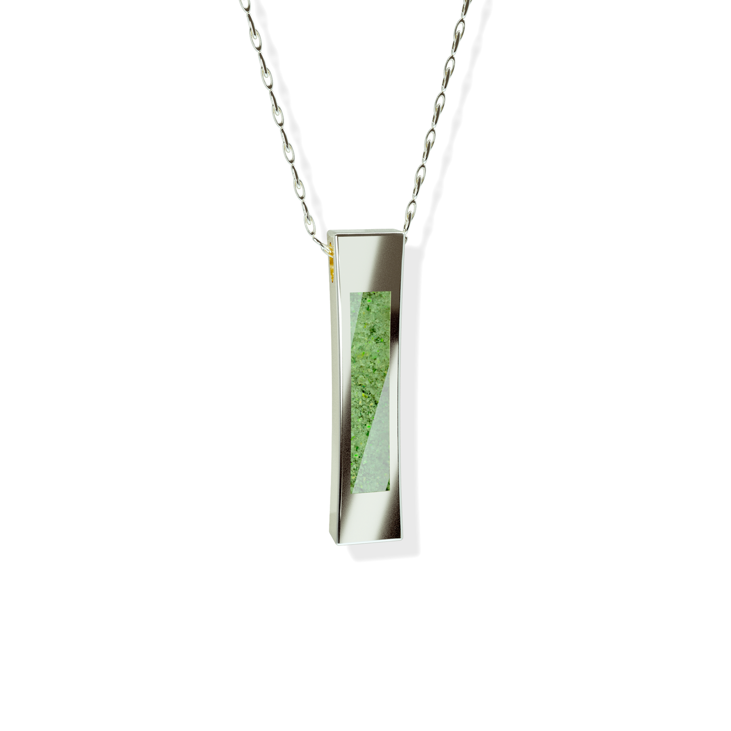 Opals & Ashes Bar Unisex Memorial Pendant 9ct White Gold. Ashes blended with Spring Green Opals.