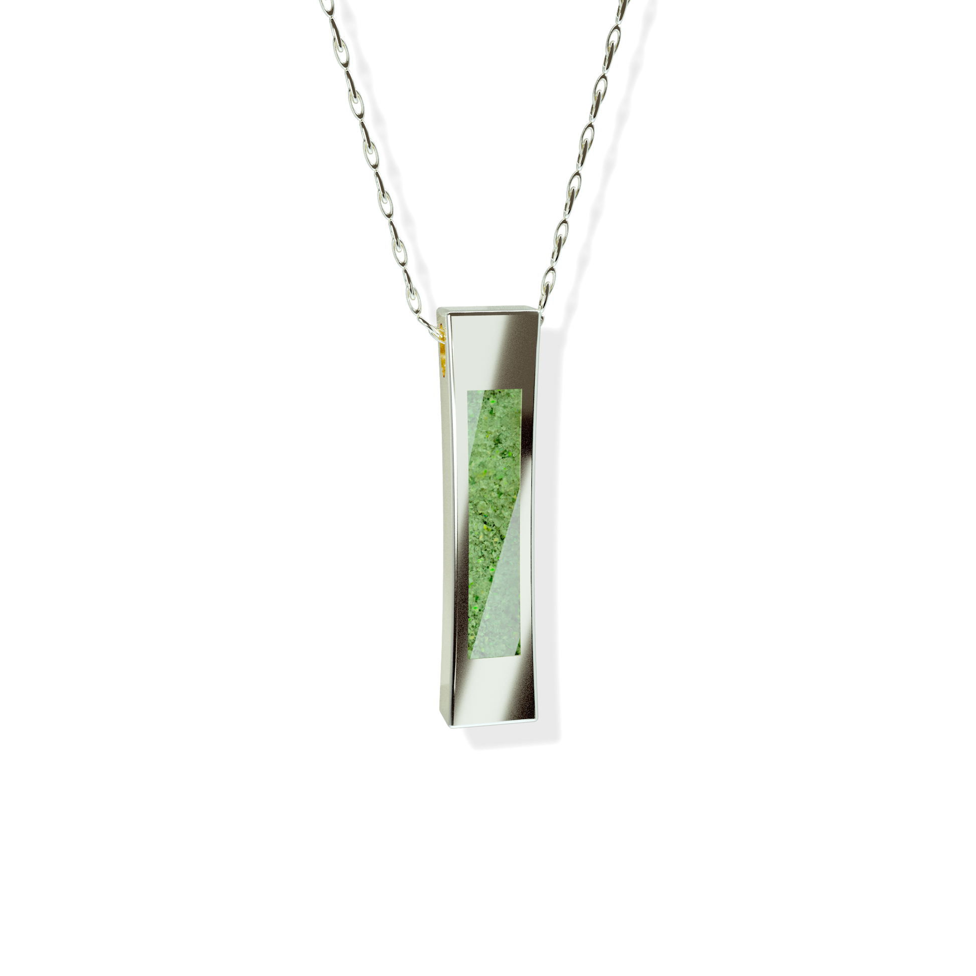 Opals & Ashes Bar Unisex Memorial Pendant 9ct White Gold. Ashes blended with Spring Green Opals.