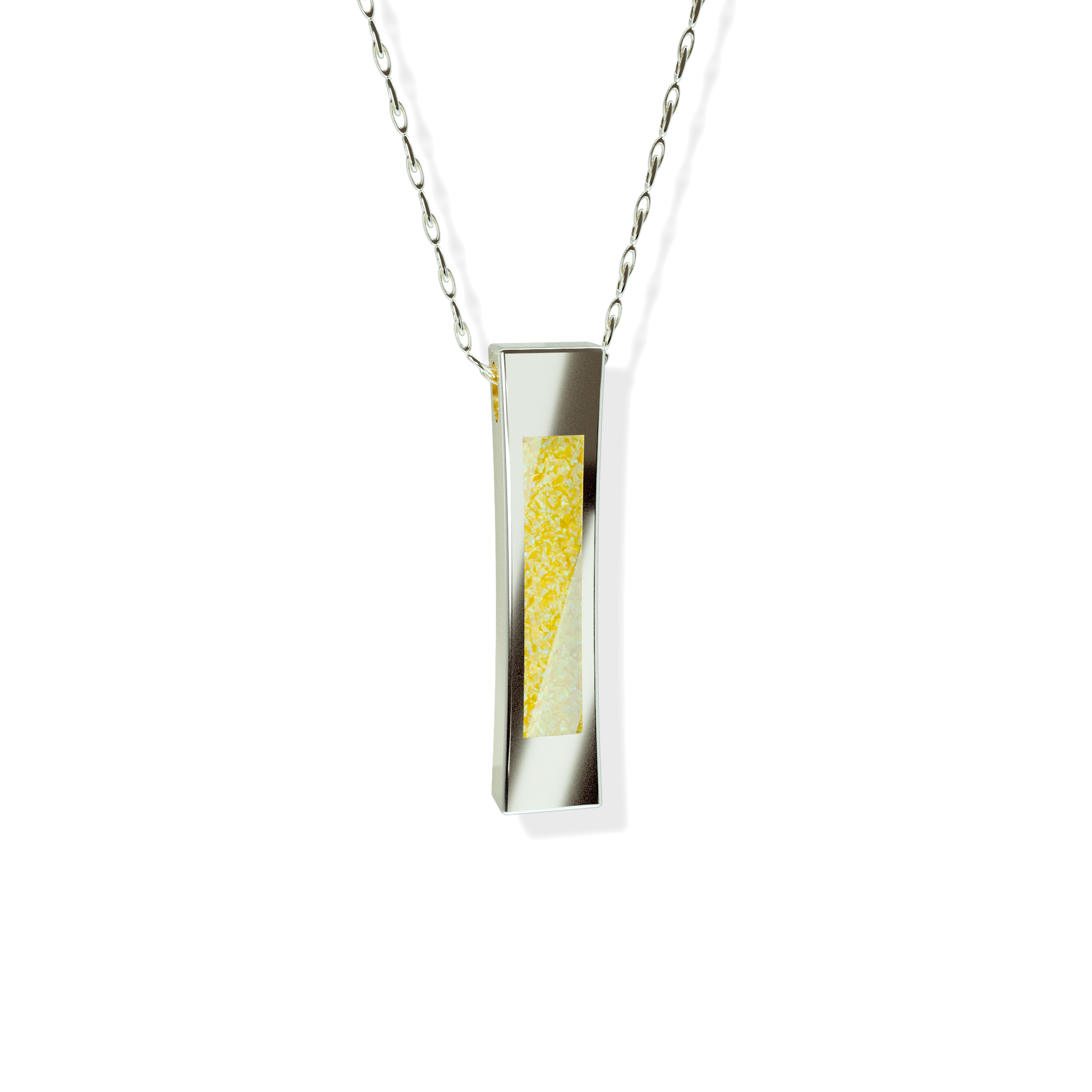 Opals & Ashes Bar Unisex Memorial Pendant 9ct White Gold. Ashes blended with Summer Yellow Opals.