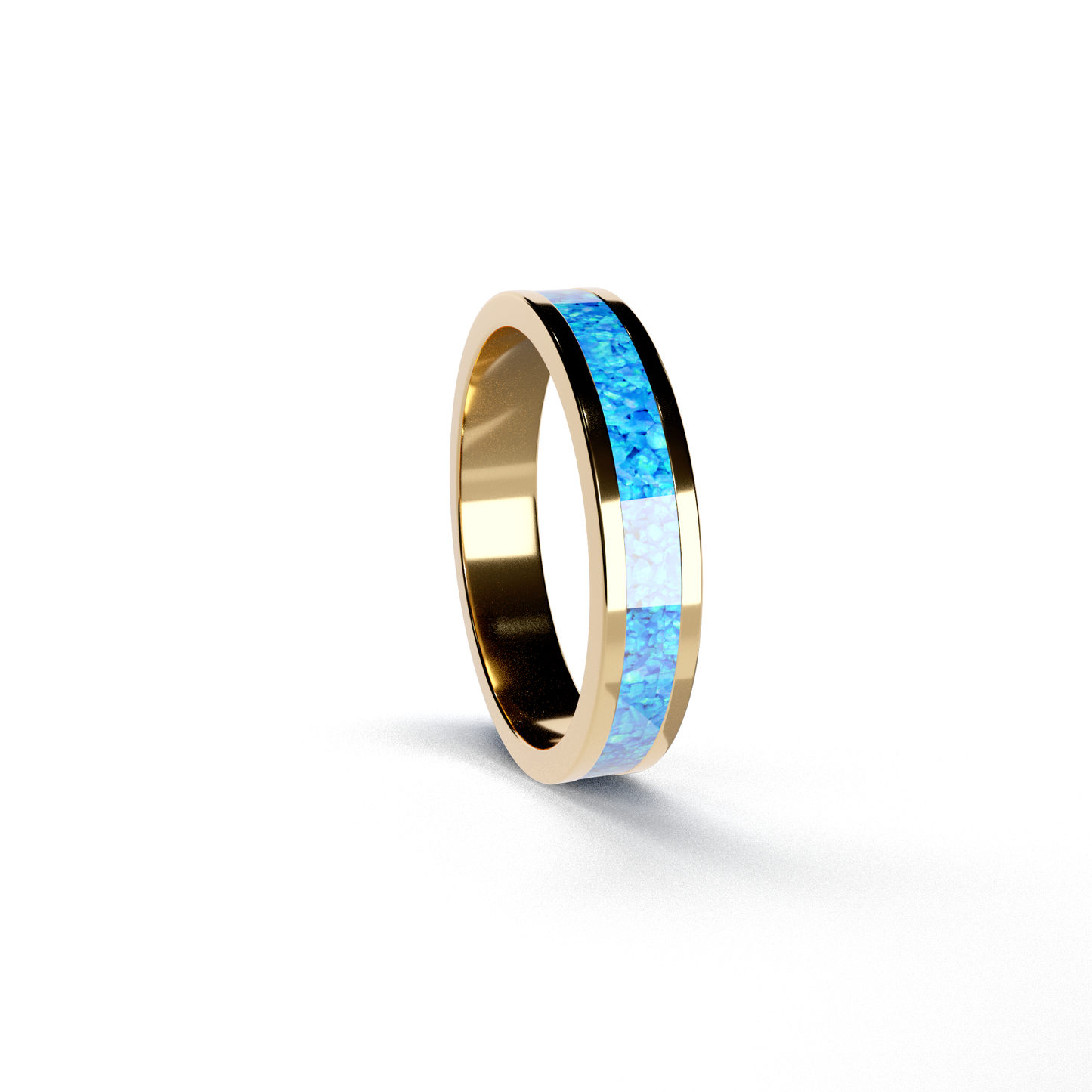 Opals & Ashes Circle Unisex Memorial Ring 9ct Yellow Gold. Ashes blended with Pacific Blue Opals.