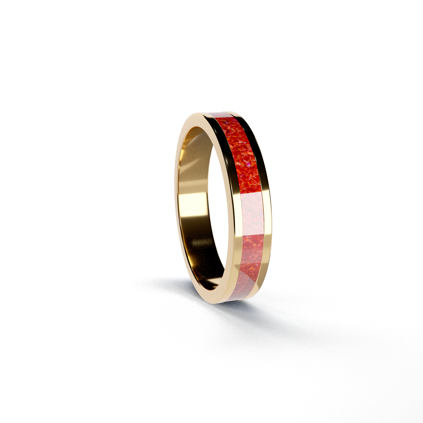 Opals & Ashes Circle Unisex Memorial Ring 9ct Yellow Gold. Ashes blended with Ruby Red Opals.