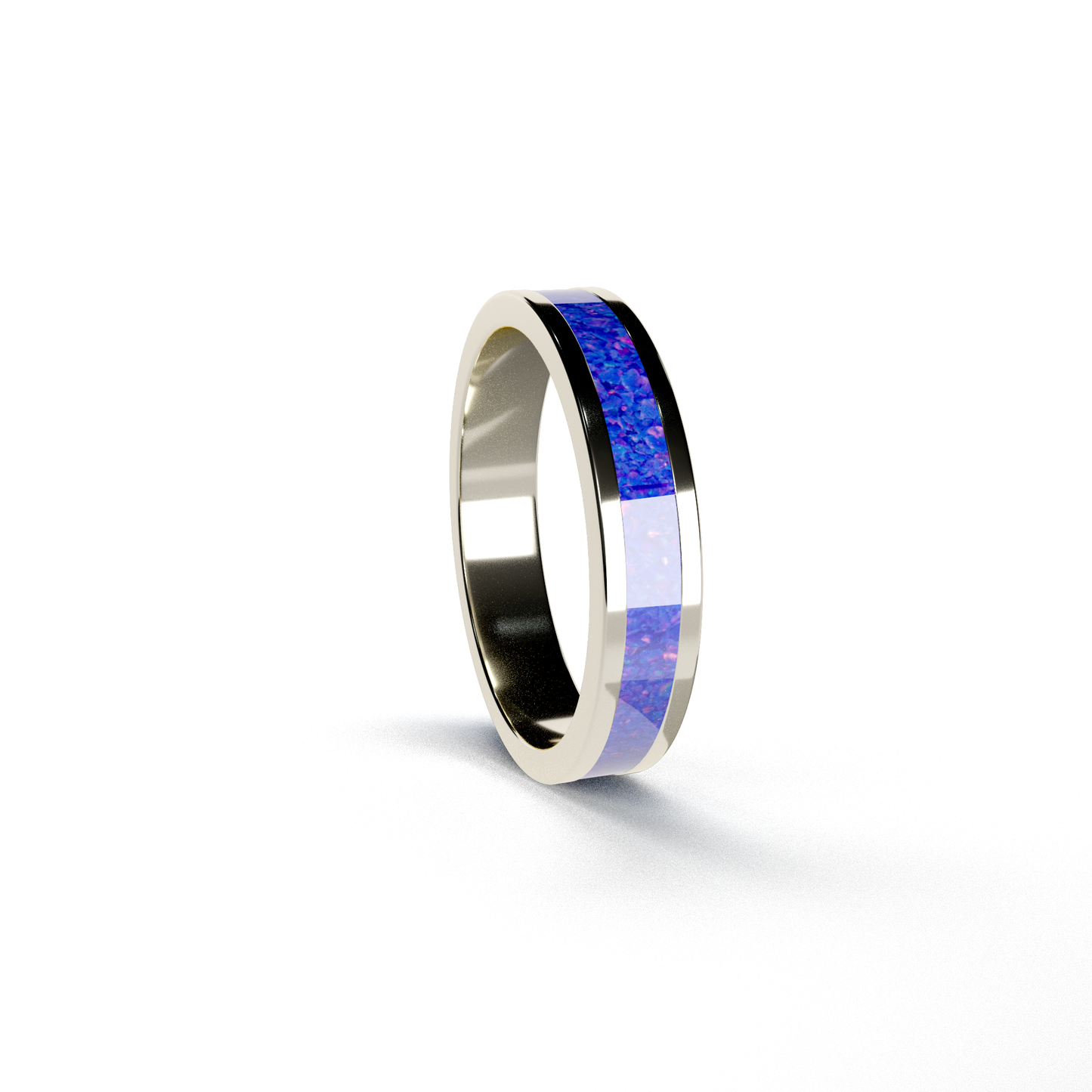 Opals & Ashes Circle Unisex Memorial Ring 9ct White Gold. Ashes blended with Royal Blue Opals.