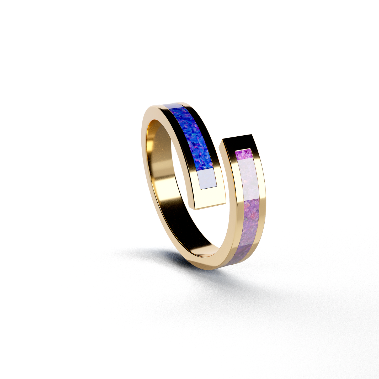 Opals & Ashes Dual Spiral Memorial Ring 9ct Yellow Gold. Ashes blended with Lavender and Royal Blue Opals.