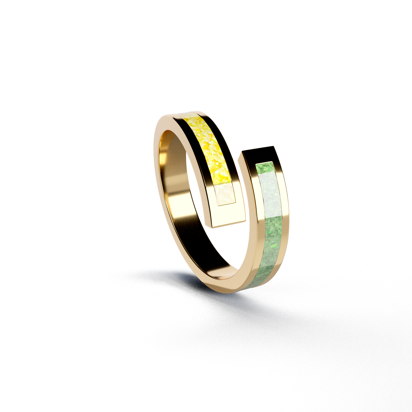 Opals & Ashes Dual Spiral Memorial Ring 9ct Yellow Gold. Ashes blended with Summer Yellow and Spring Green Opals