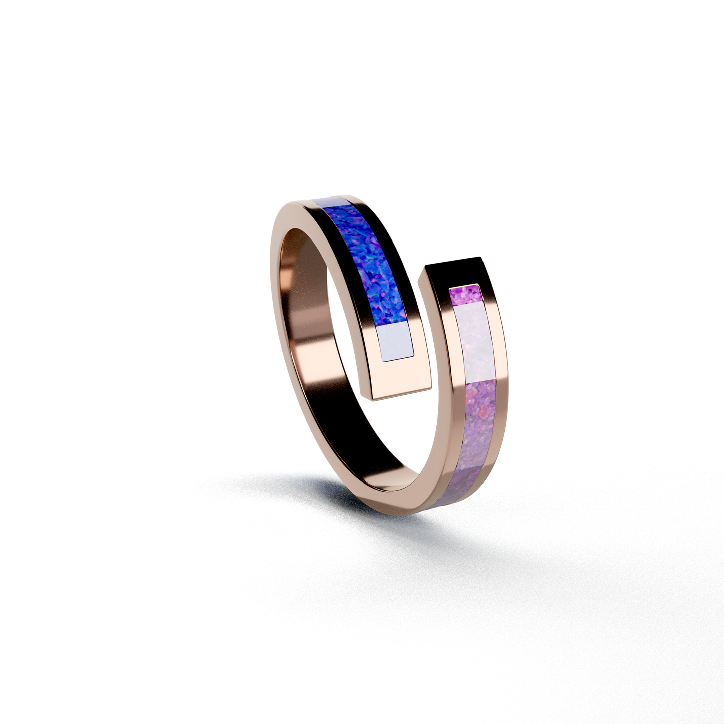 Opals & Ashes Dual Spiral Memorial Ring 9ct Rose Gold. Ashes blended with Lavender and Royal Blue Opals.