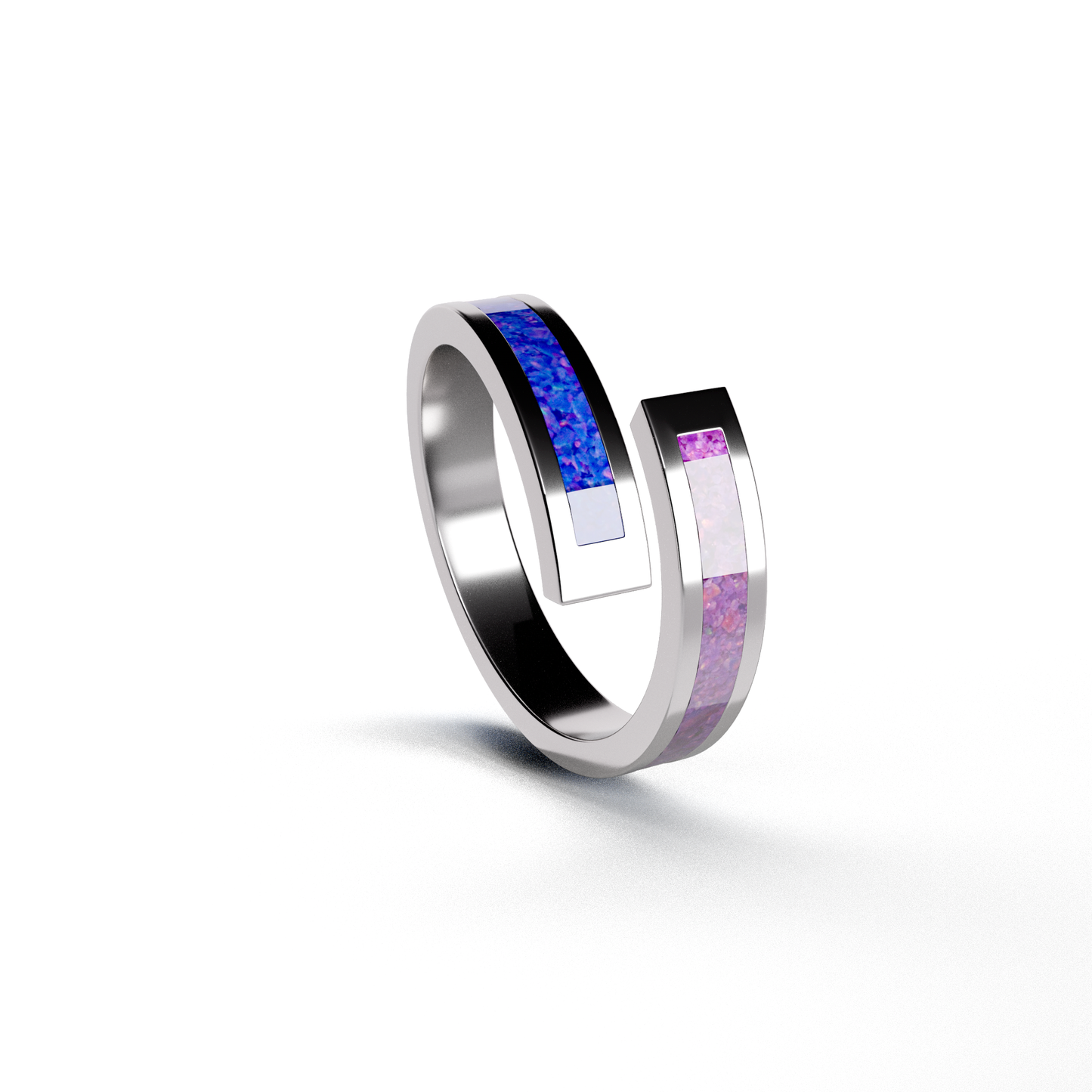 Opals & Ashes Dual Spiral Memorial Ring Silver. Ashes blended with Lavender and Royal Blue Opals.