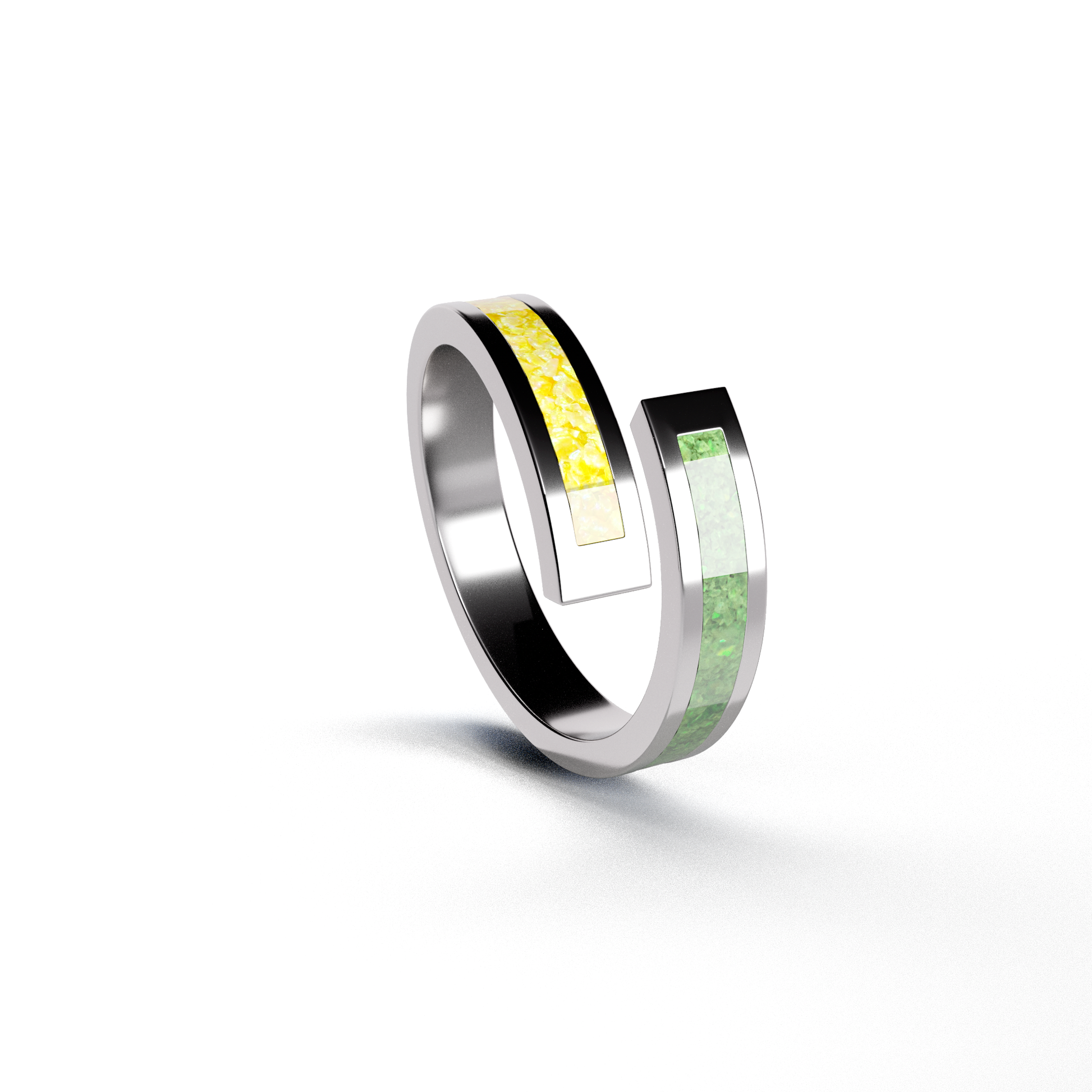 Opals & Ashes Dual Spiral Memorial Ring Silver. Ashes blended with Summer Yellow and Spring Green Opals