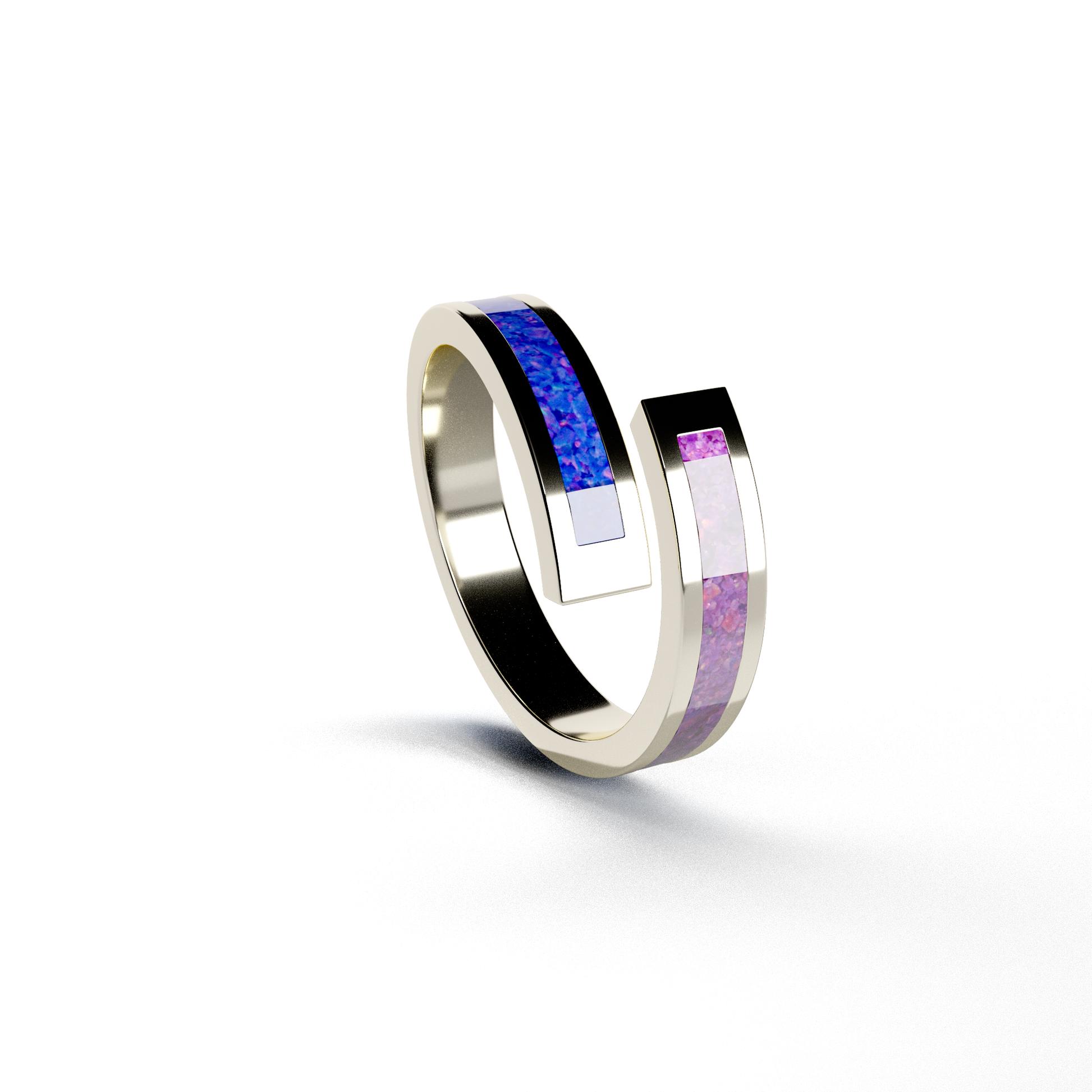 Opals & Ashes Dual Spiral Memorial Ring 9ct White Gold. Ashes blended with Lavender and Royal Blue Opals.