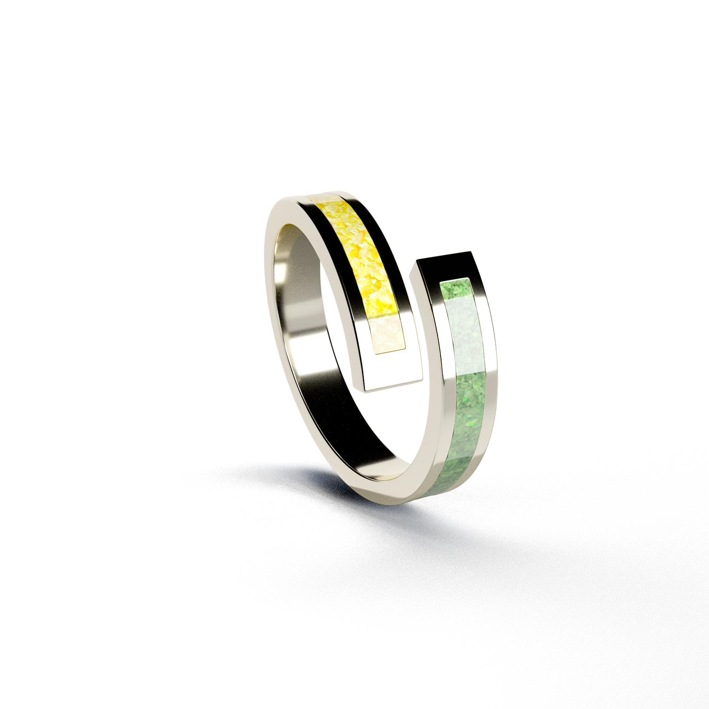 Opals & Ashes Dual Spiral Memorial Ring 9ct White Gold. Ashes blended with Summer Yellow and Spring Green Opals