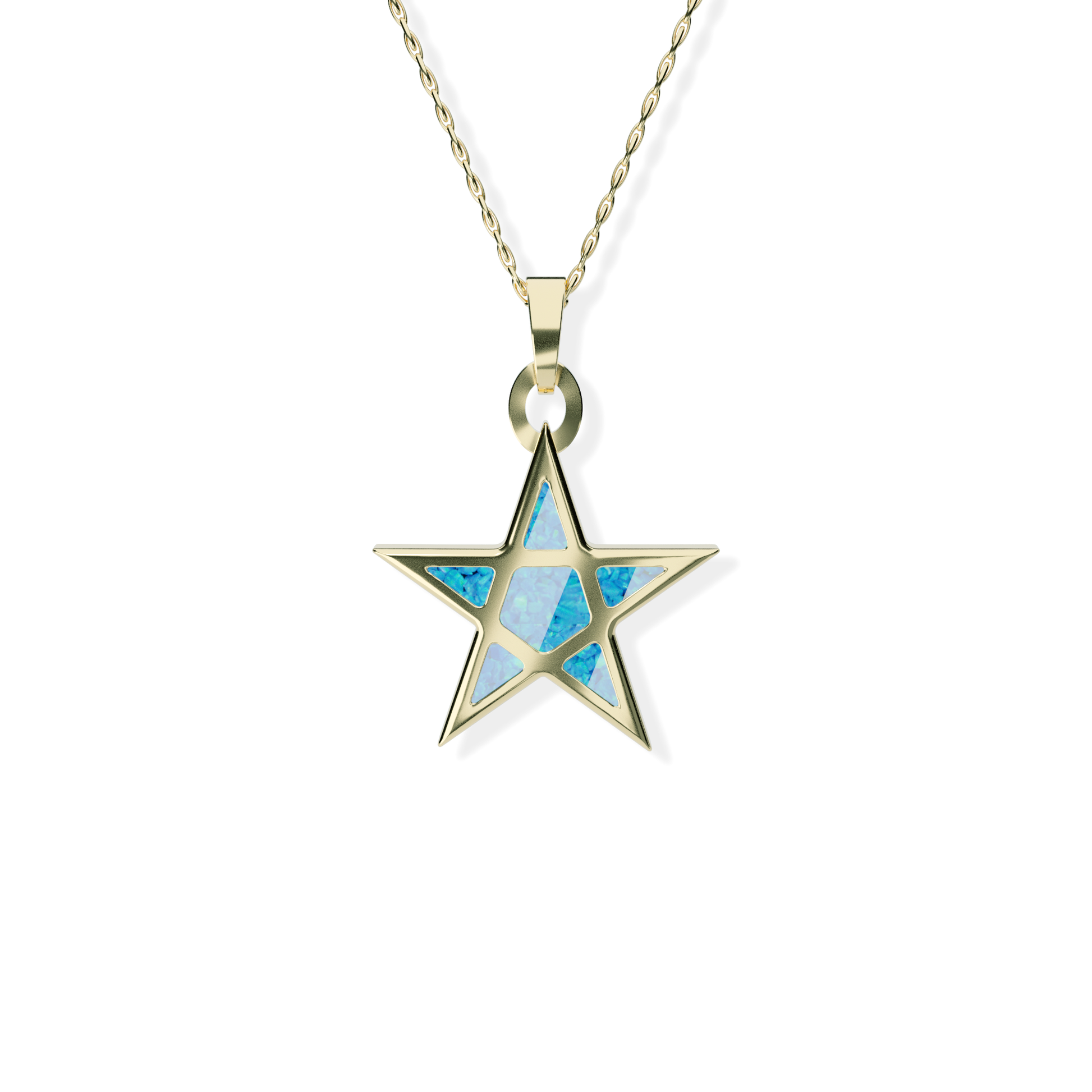 Opals & Ashes Five Star Memorial Pendant 9ct Yellow Gold. Ashes blended with Pacific Blue Opals.