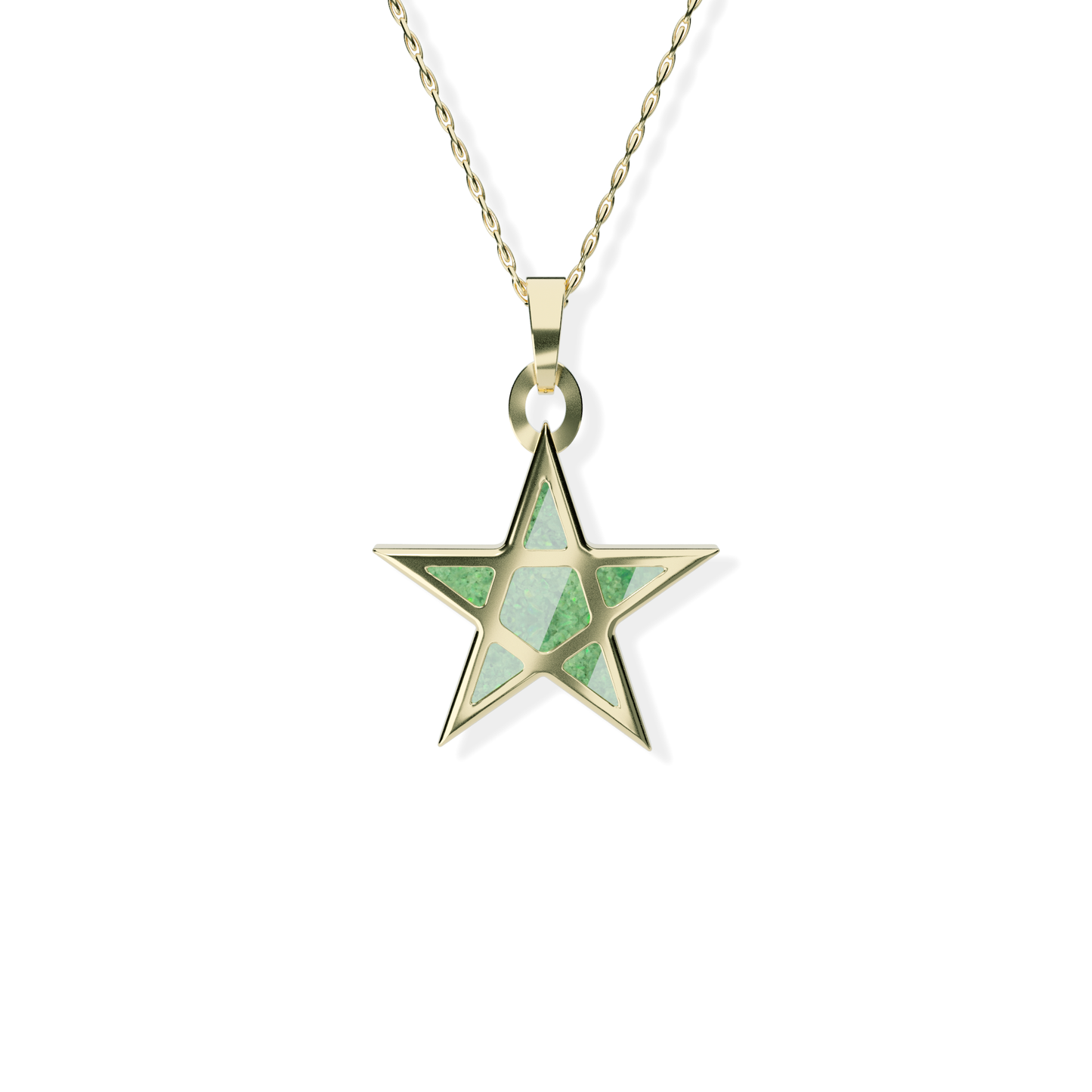 Opals & Ashes Five Star Memorial Pendant 9ct Yellow Gold. Ashes blended with Spring Green Opals.