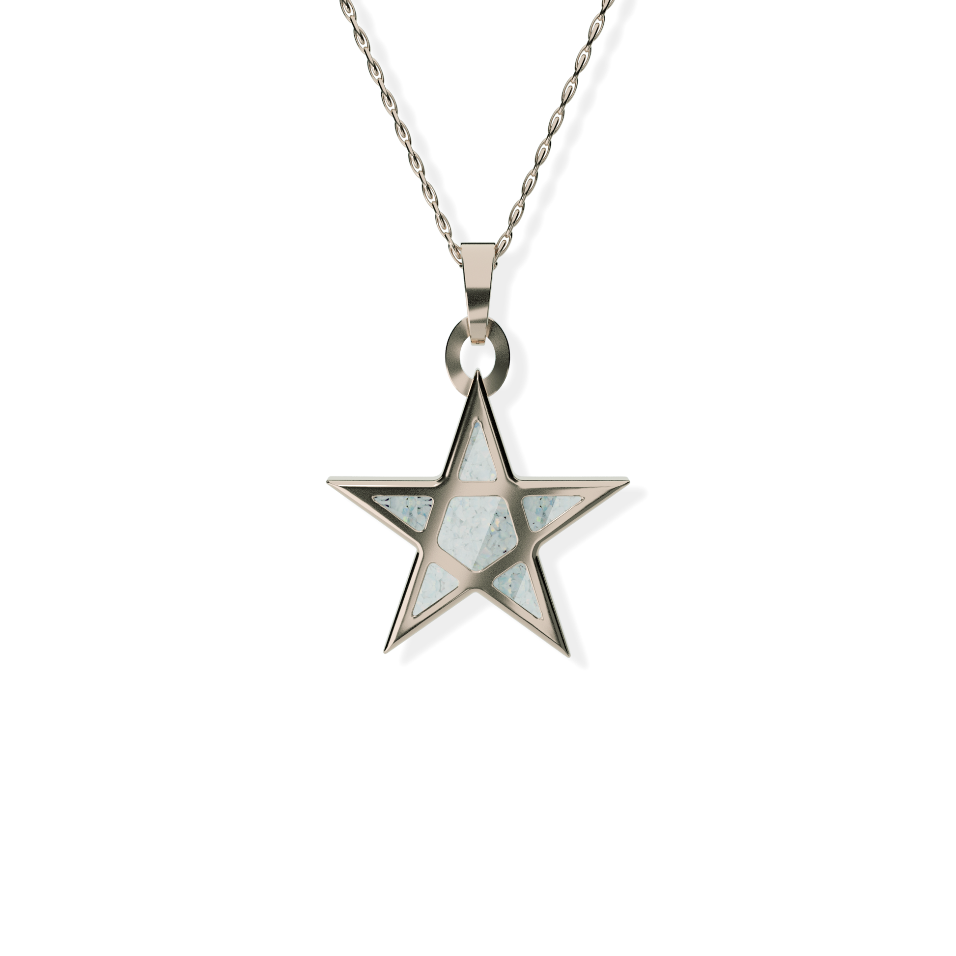 Opals & Ashes Five Star Memorial Pendant 9ct Rose Gold. Ashes blended with Pearl White Opals.