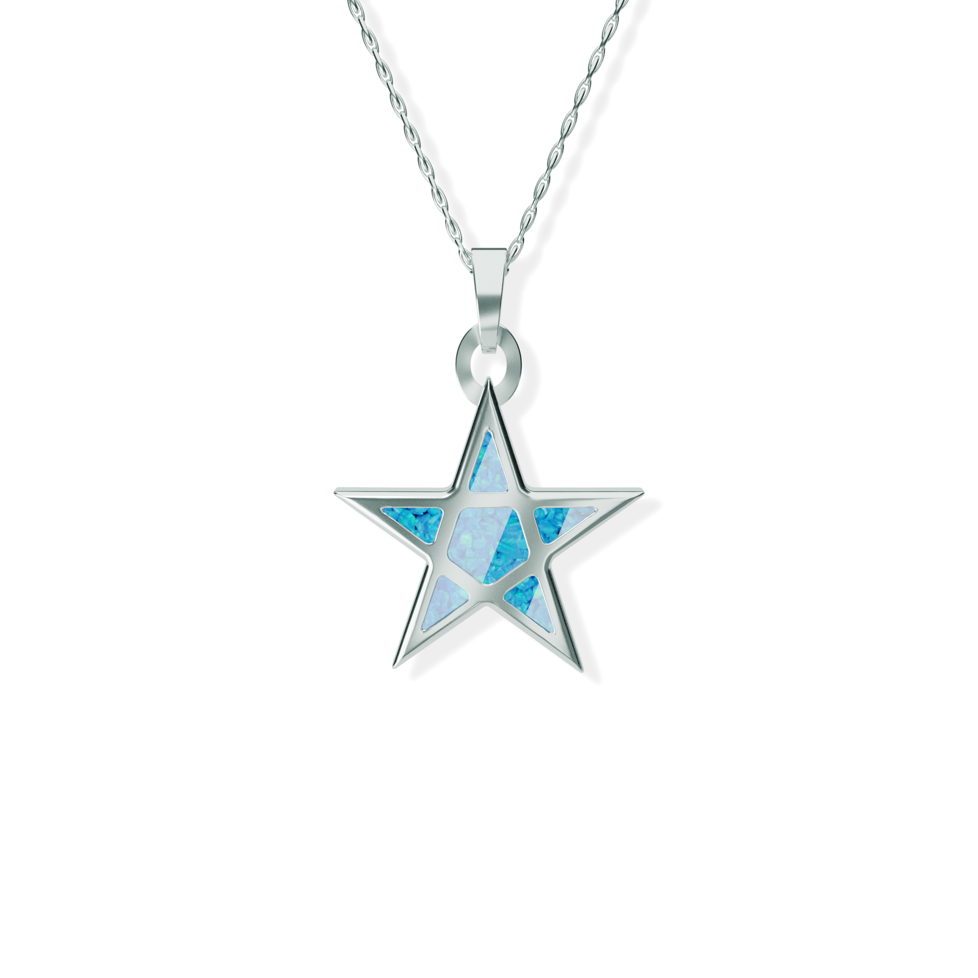 Opals & Ashes Five Star Memorial Pendant Silver. Ashes blended with Pacific Blue Opals.