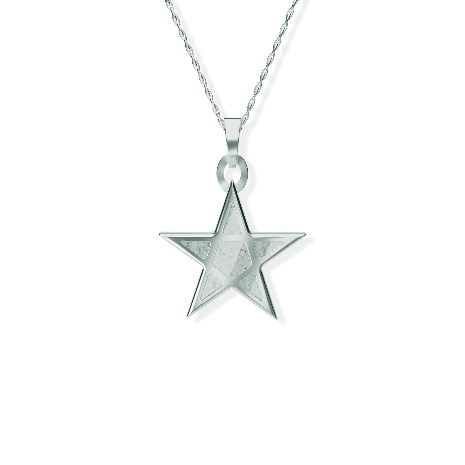 Opals & Ashes Five Star Memorial Pendant Silver. Ashes blended with Pearl White Opals.