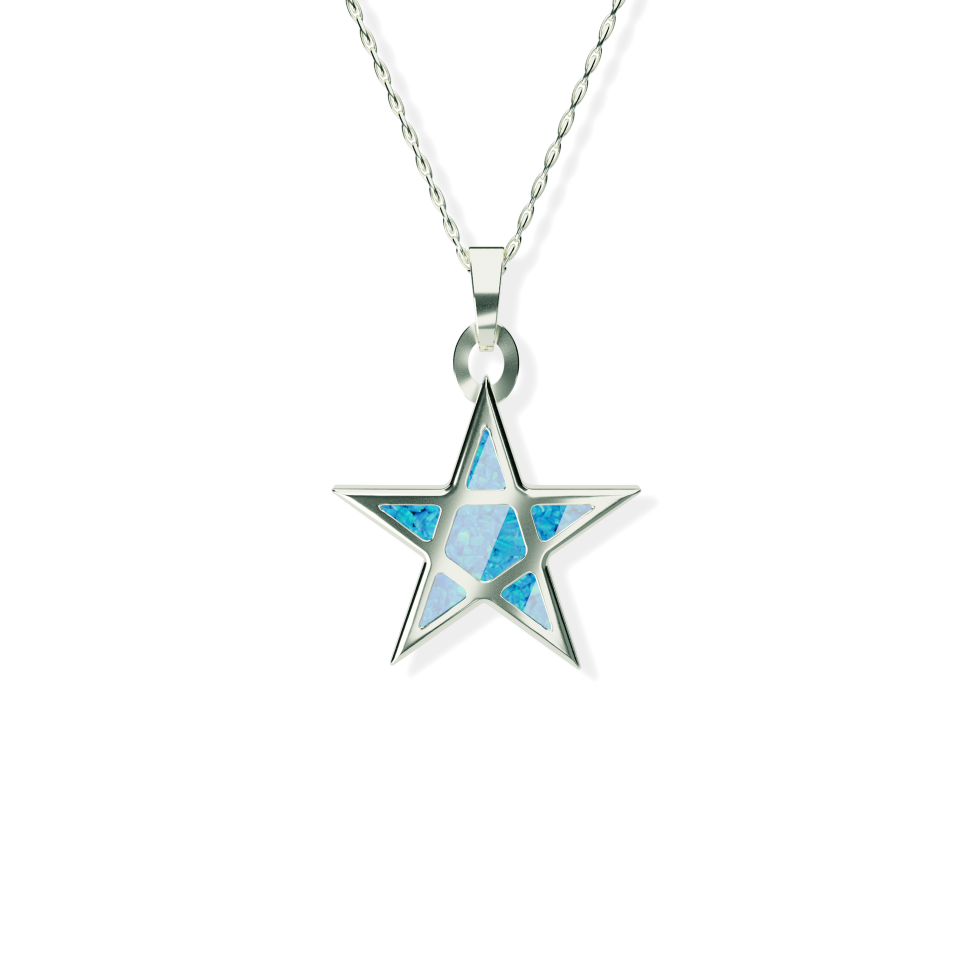 Opals & Ashes Five Star Memorial Pendant 9ct White Gold. Ashes blended with Pacific Blue Opals.