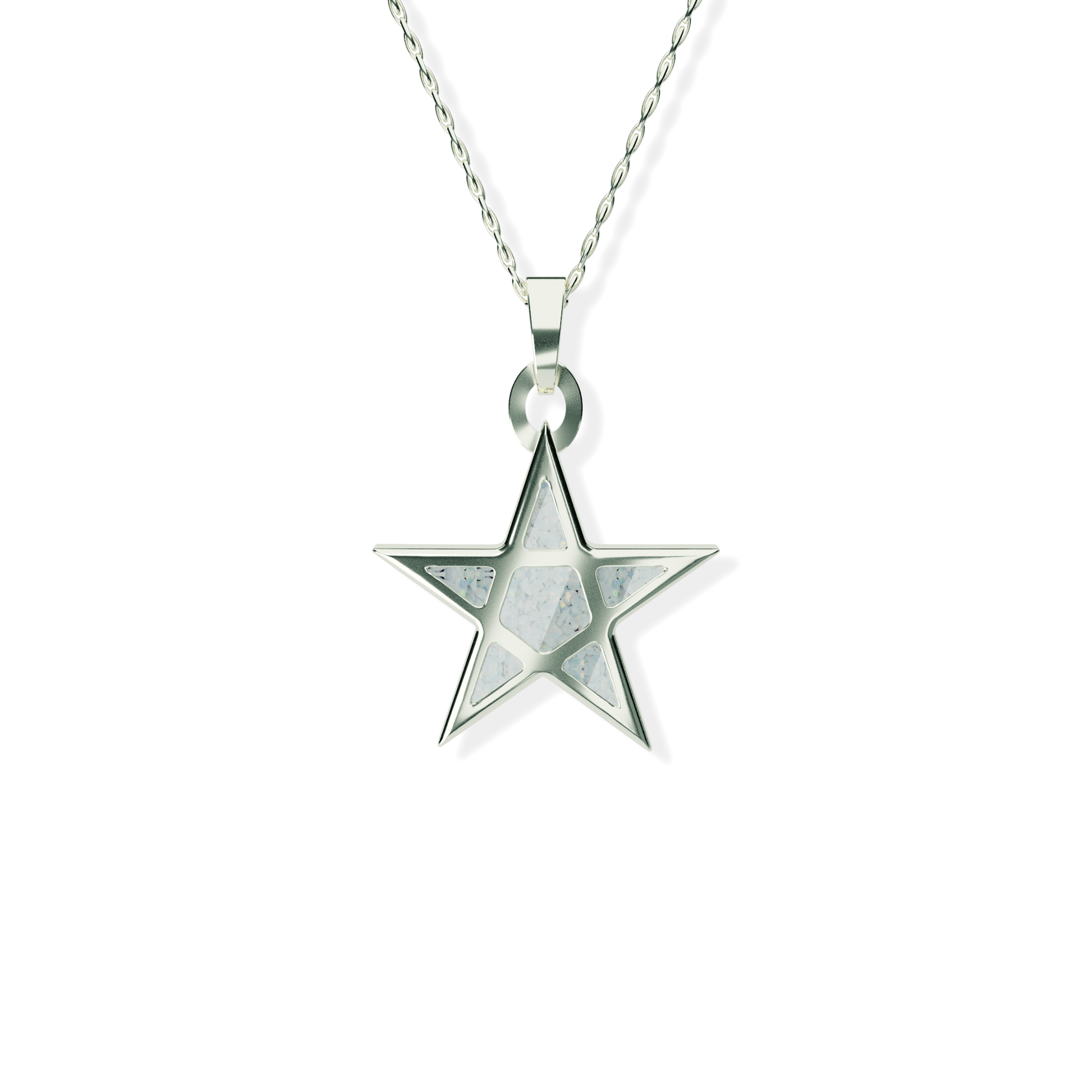 Opals & Ashes Five Star Memorial Pendant 9ct White Gold. Ashes blended with Pearl White Opals.