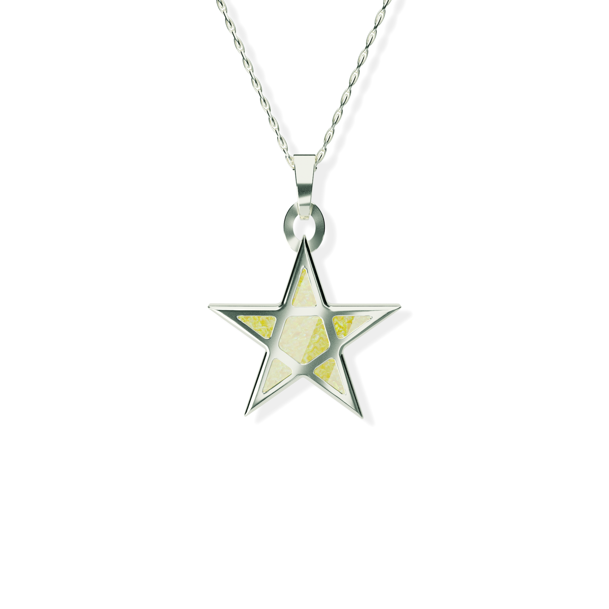 Opals & Ashes Five Star Memorial Pendant 9ct White Gold. Ashes blended with Summer Yellow Opals.