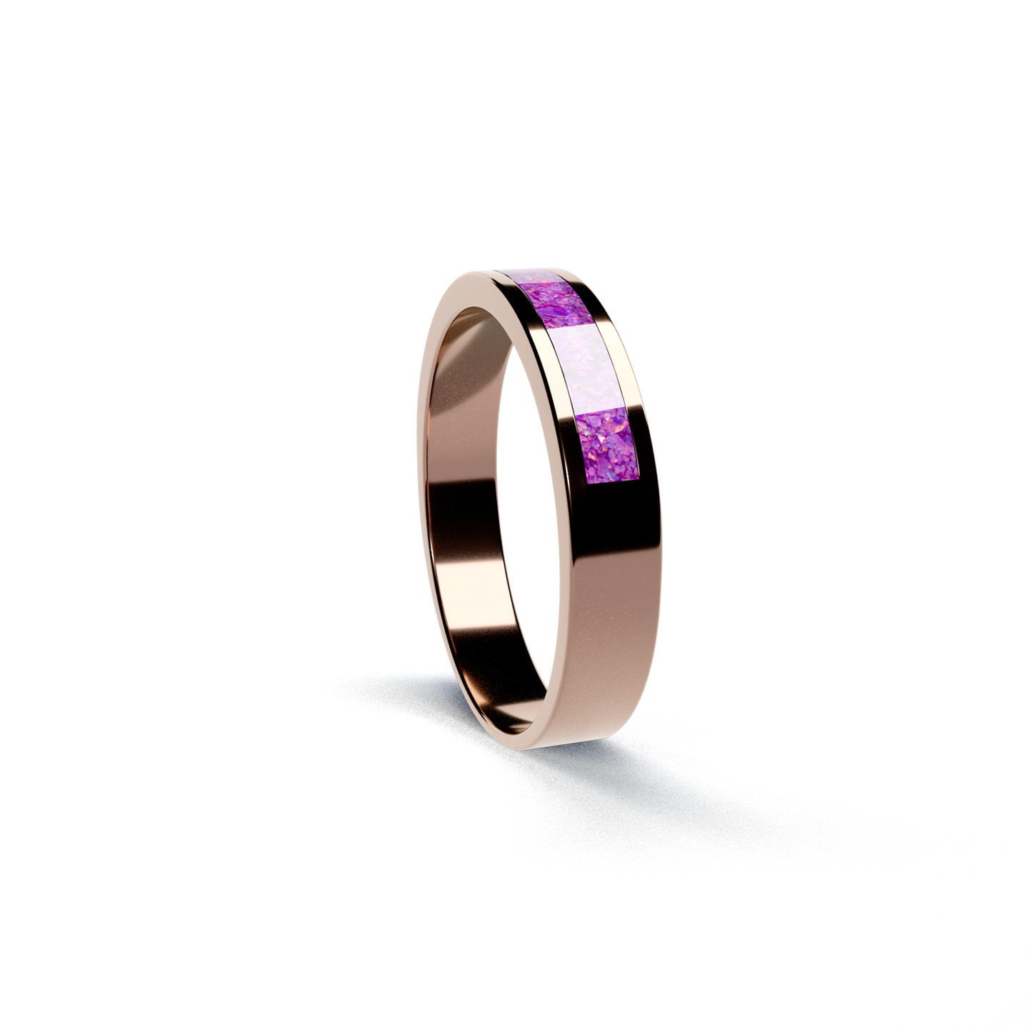 Opals & Ashes Half Circle Unisex Memorial Ring 9ct Rose Gold. Ashes blended with Lavender Opals.