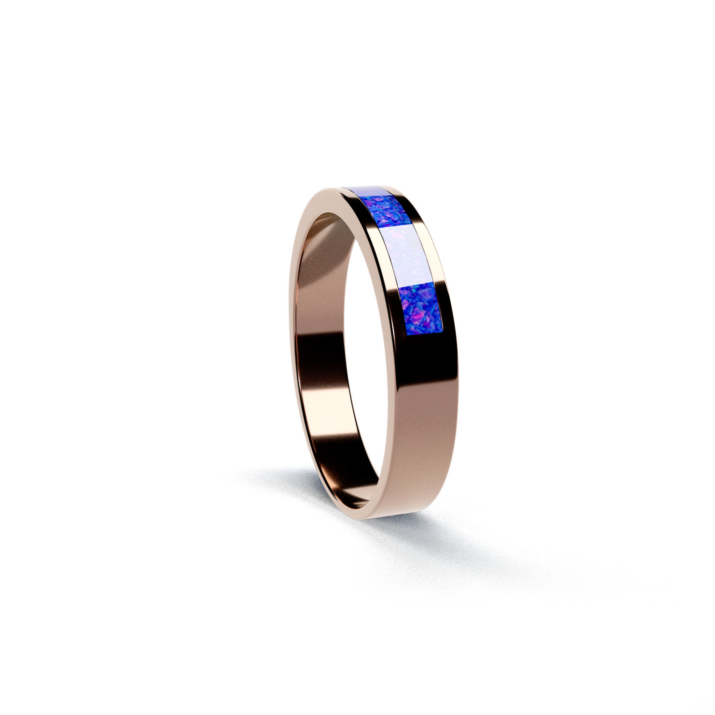 Opals & Ashes Half Circle Unisex Memorial Ring 9ct Rose Gold. Ashes blended with Royal Blue Opals.