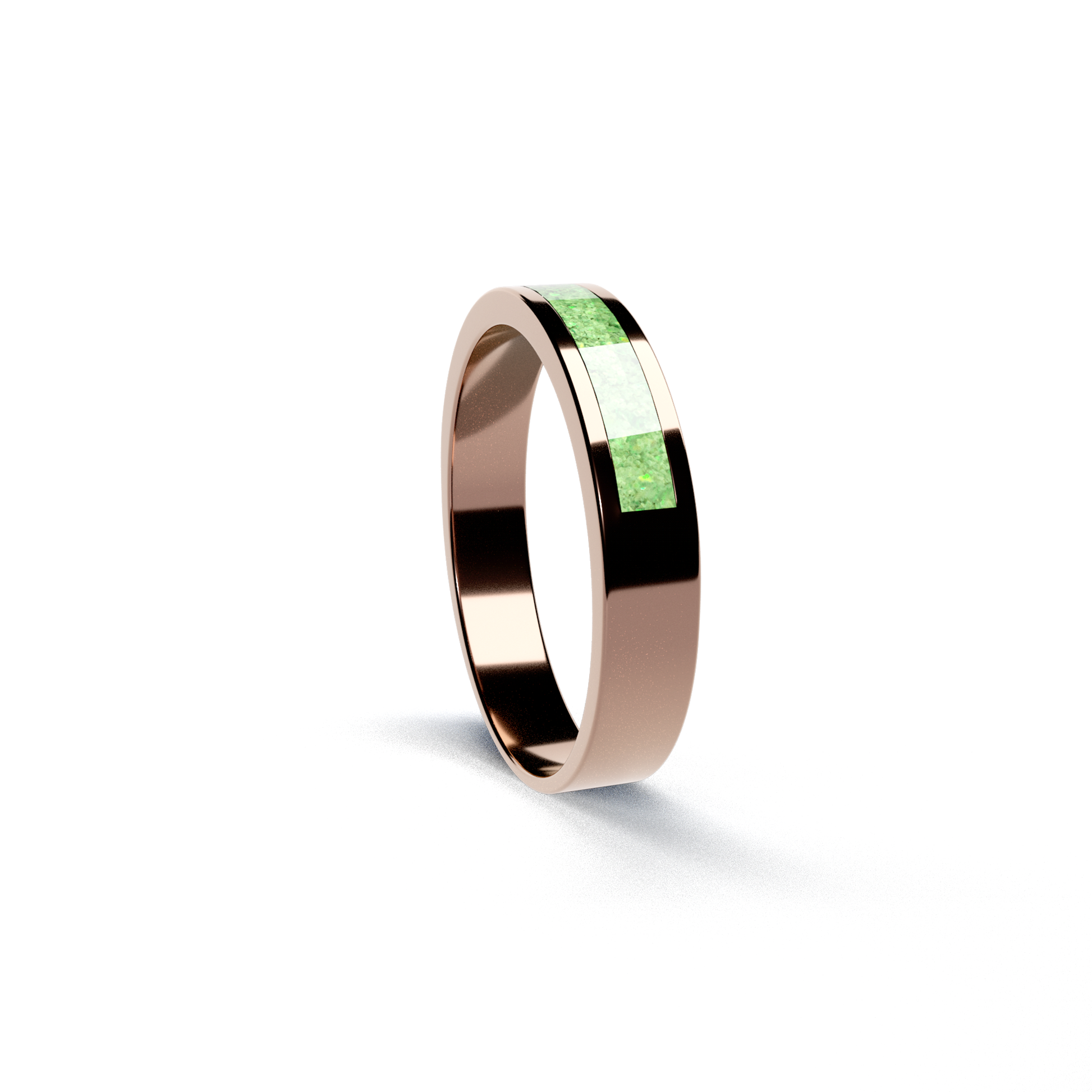 Opals & Ashes Half Circle Unisex Memorial Ring 9ct Rose Gold. Ashes blended with Spring Green Opals.