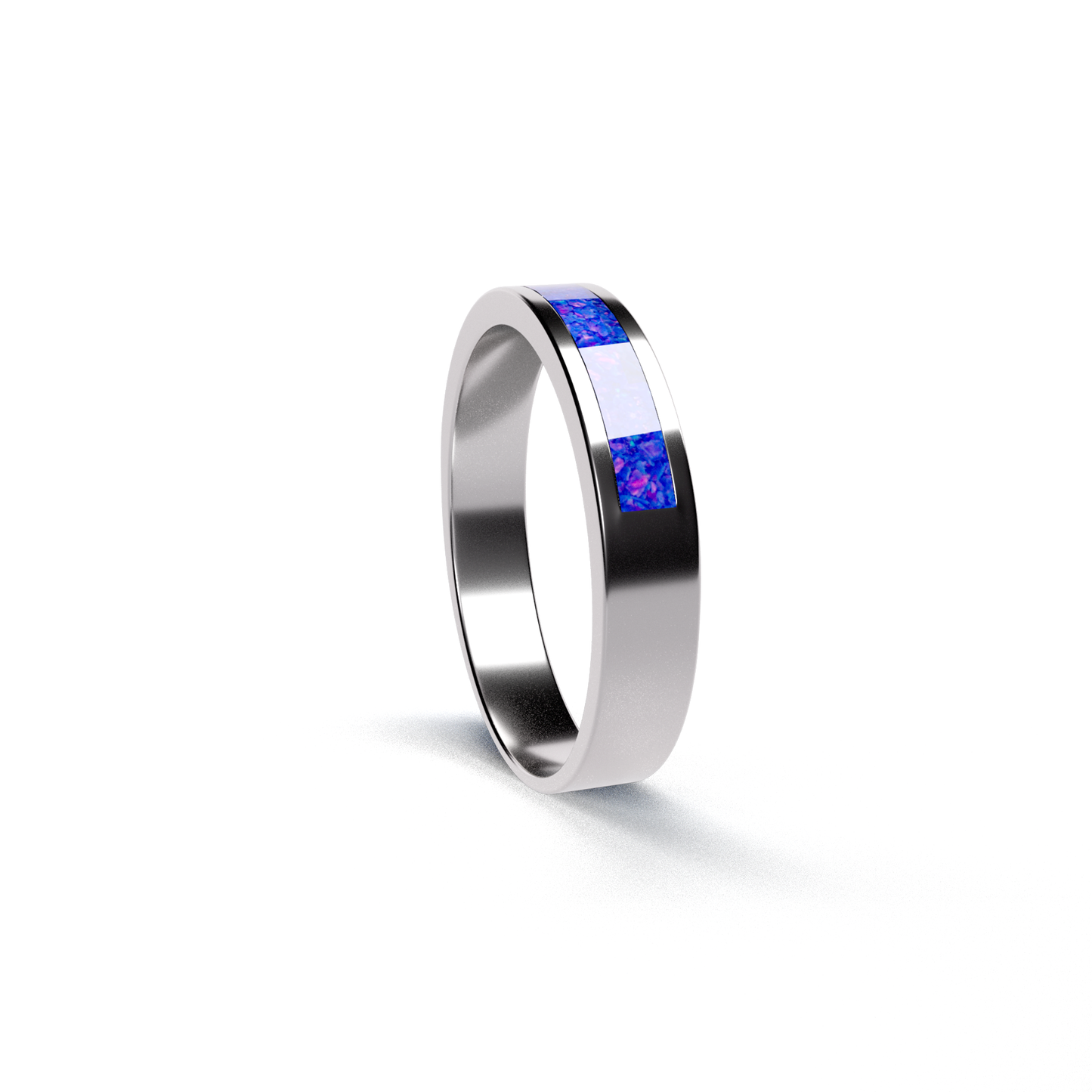 Opals & Ashes Half Circle Unisex Memorial Ring Silver. Ashes blended with Royal Blue Opals.