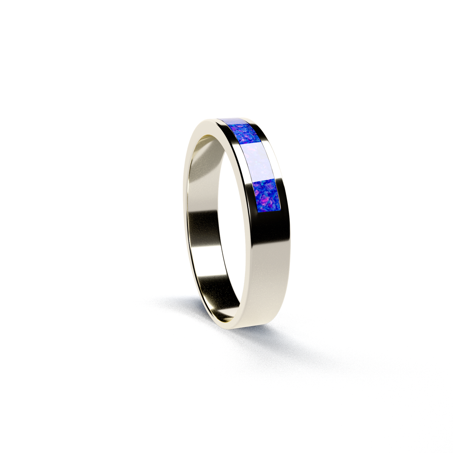 Opals & Ashes Half Circle Unisex Memorial Ring 9ct White Gold. Ashes blended with Royal Blue Opals.