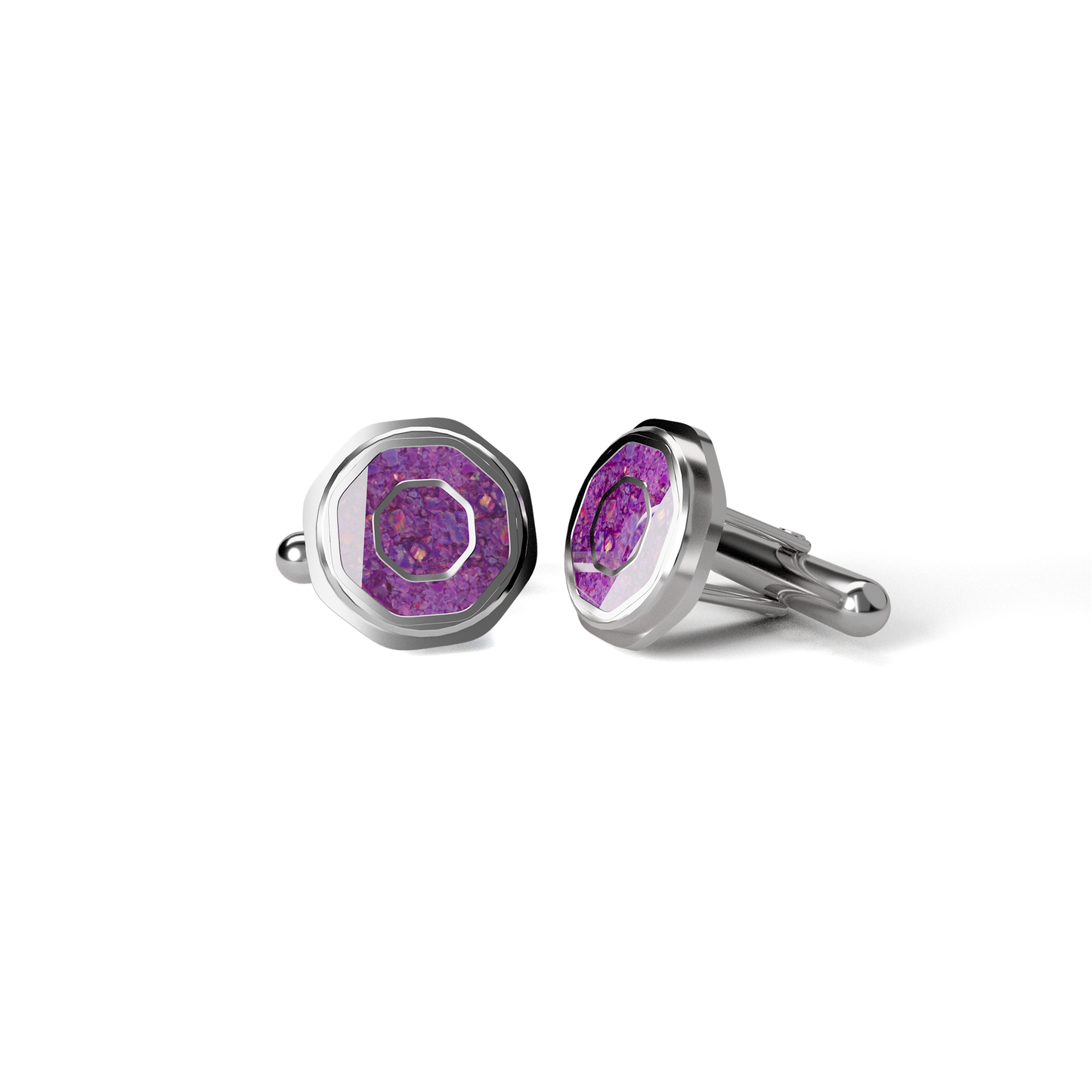 Opals & Ashes Hexagonal Memorial Cufflinks Silver. Ashes blended with Lavender Opals.