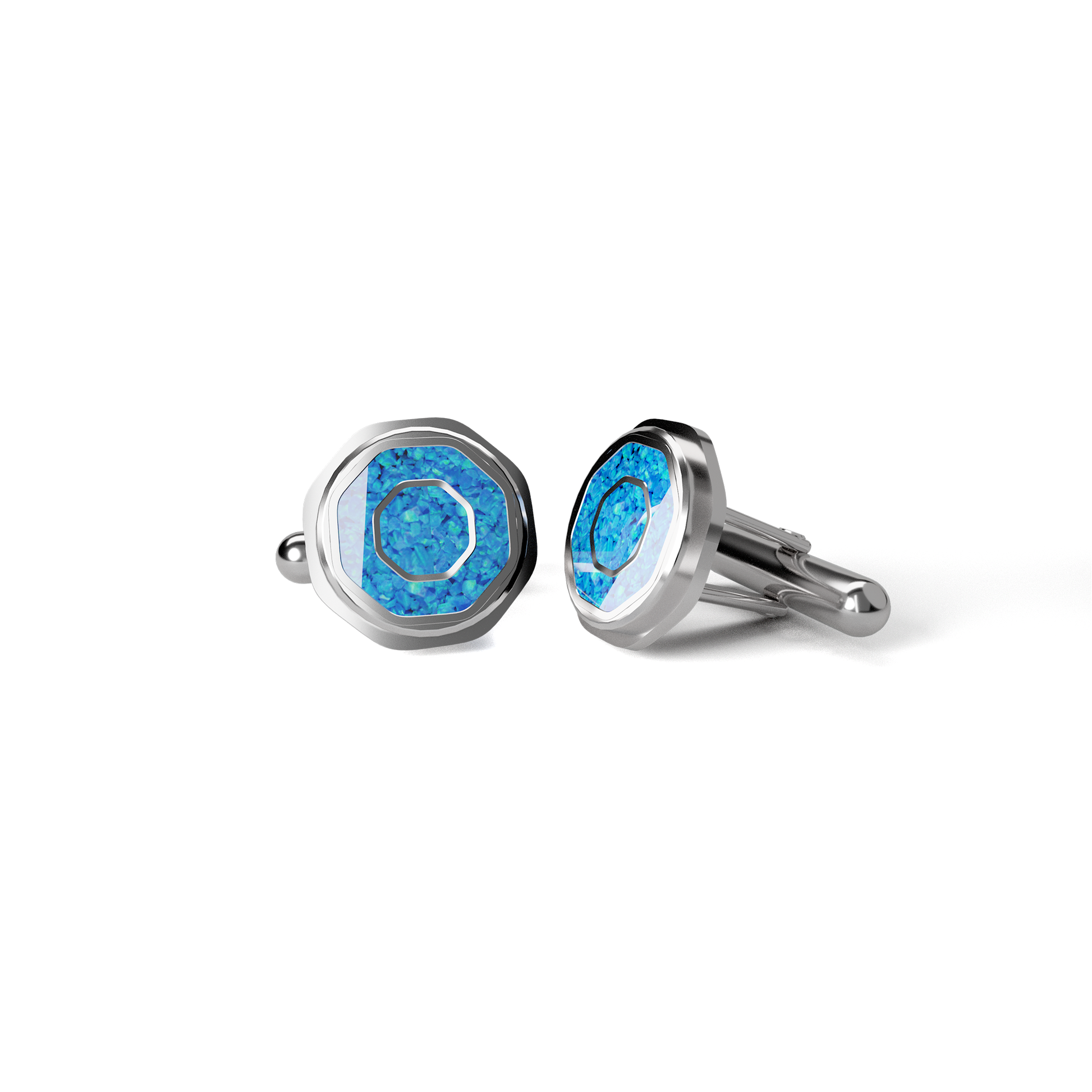 Opals & Ashes Hexagonal Memorial Cufflinks Silver. Ashes blended with Pacific Blue Opals.