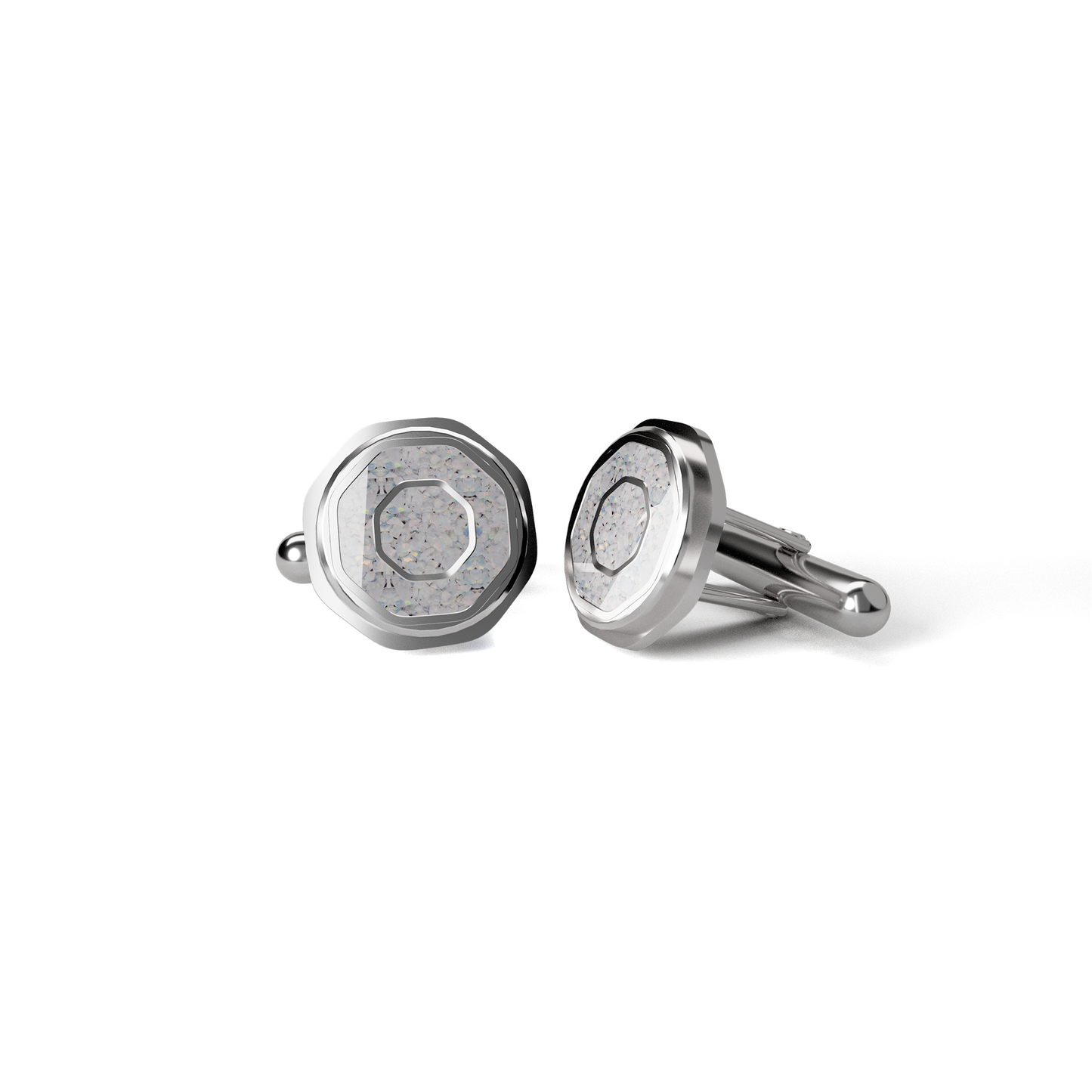 Opals & Ashes Hexagonal Memorial Cufflinks Silver. Ashes blended with Pearl White Opals.