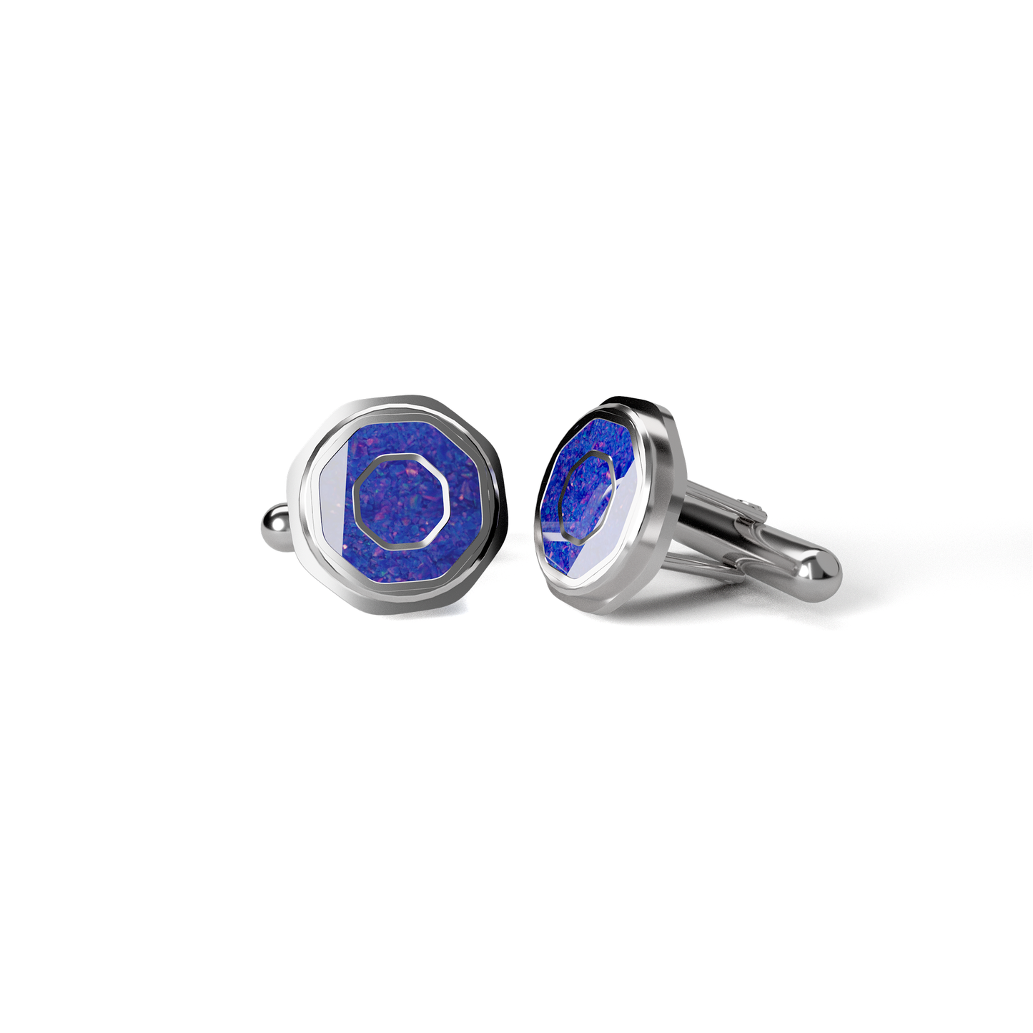 Opals & Ashes Hexagonal Memorial Cufflinks Silver. Ashes blended with Royal Blue Opals.