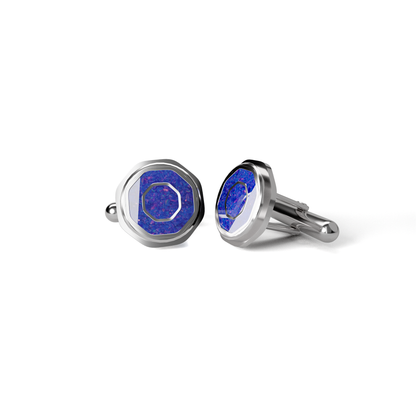 Opals & Ashes Hexagonal Memorial Cufflinks Silver. Ashes blended with Royal Blue Opals.