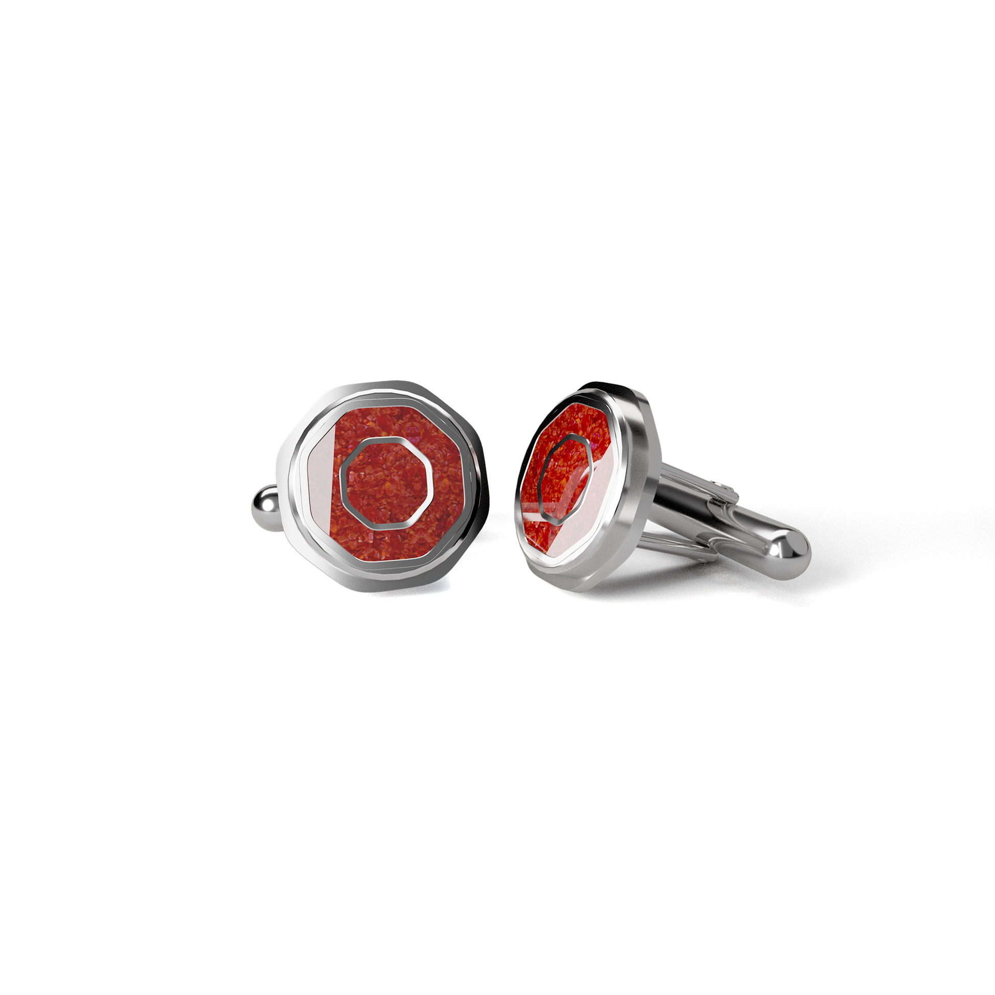 Opals & Ashes Hexagonal Memorial Cufflinks Silver. Ashes blended with Ruby Red Opals.