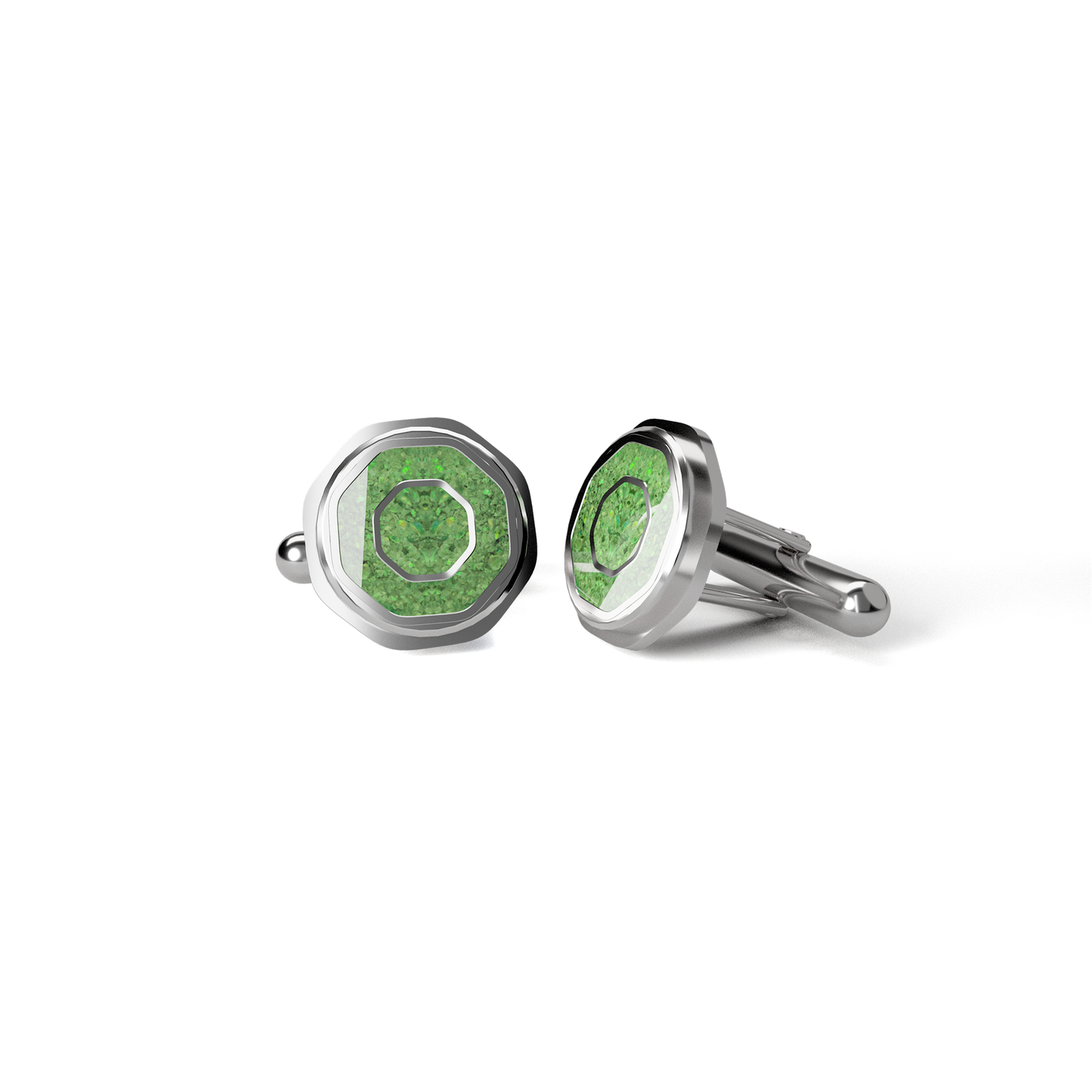 Opals & Ashes Hexagonal Memorial Cufflinks Silver. Ashes blended with Spring Green Opals.