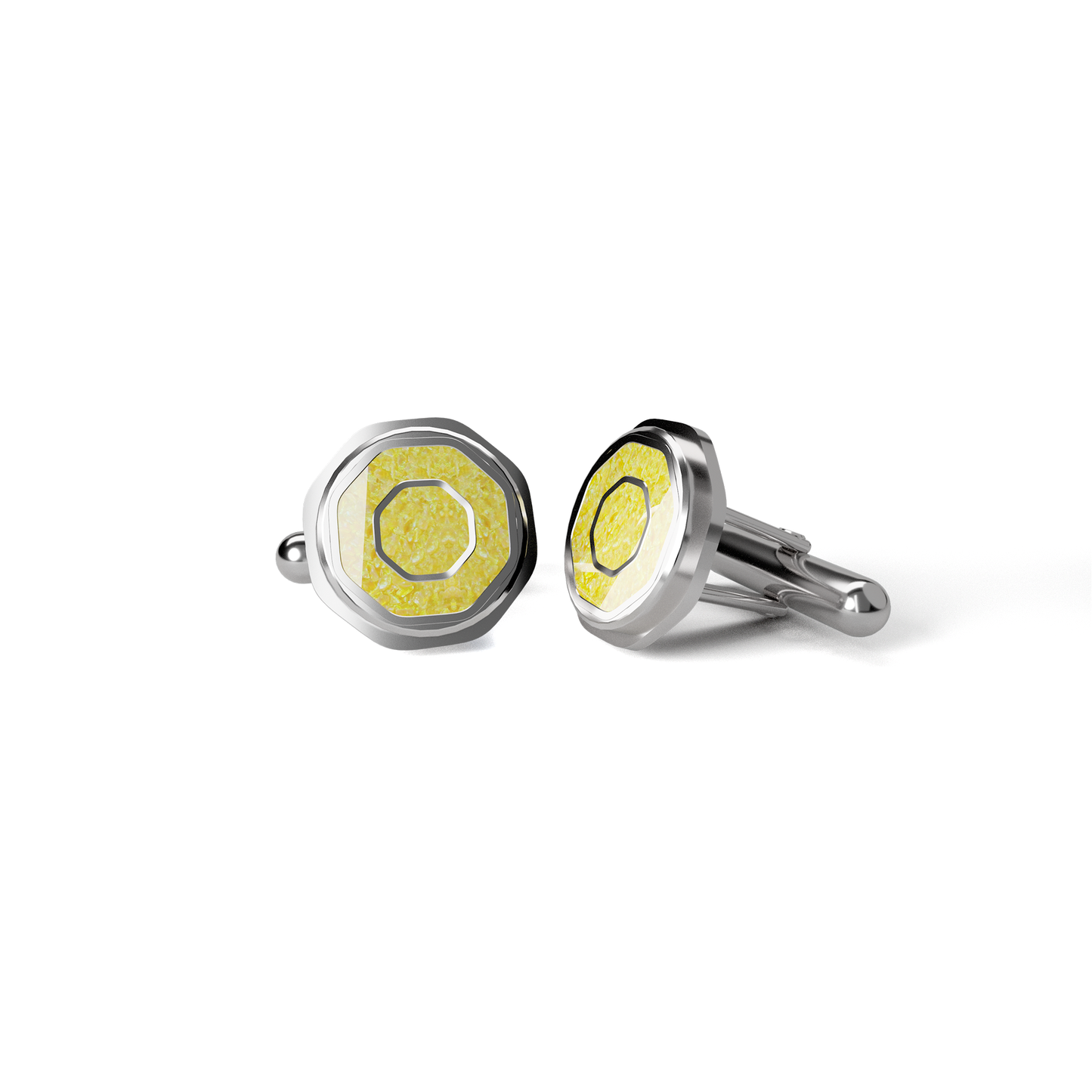 Opals & Ashes Hexagonal Memorial Cufflinks Silver. Ashes blended with Summer Yellow Opals.