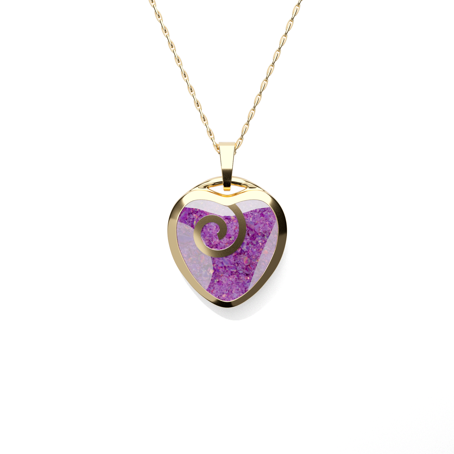 Opals & Ashes Spiral Heart Memorial Pendant 9ct Yellow Gold. Ashes blended with Lavender 