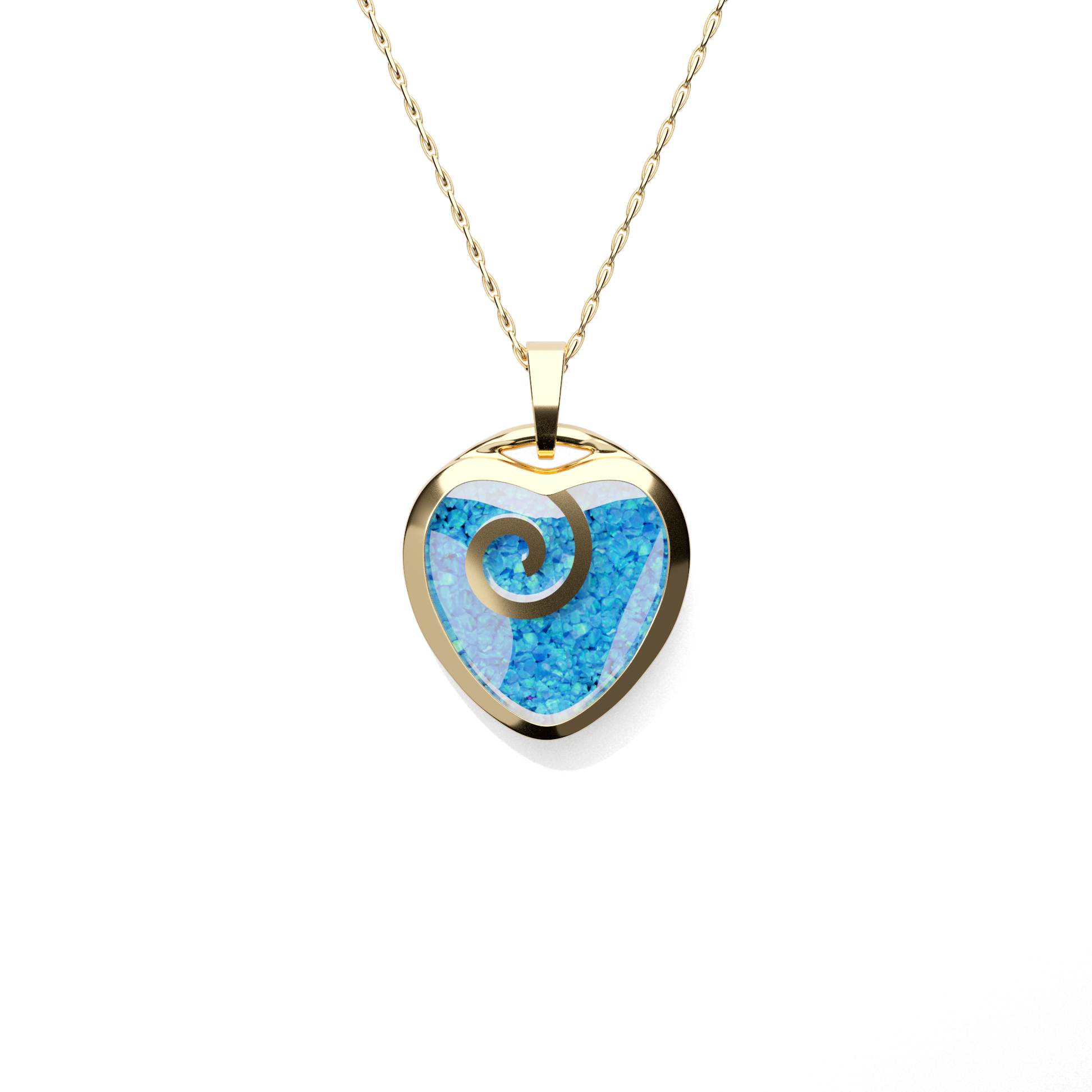 Opals & Ashes Spiral Heart Memorial Pendant 9ct Yellow Gold. Ashes blended with Pacific Blue Opals.