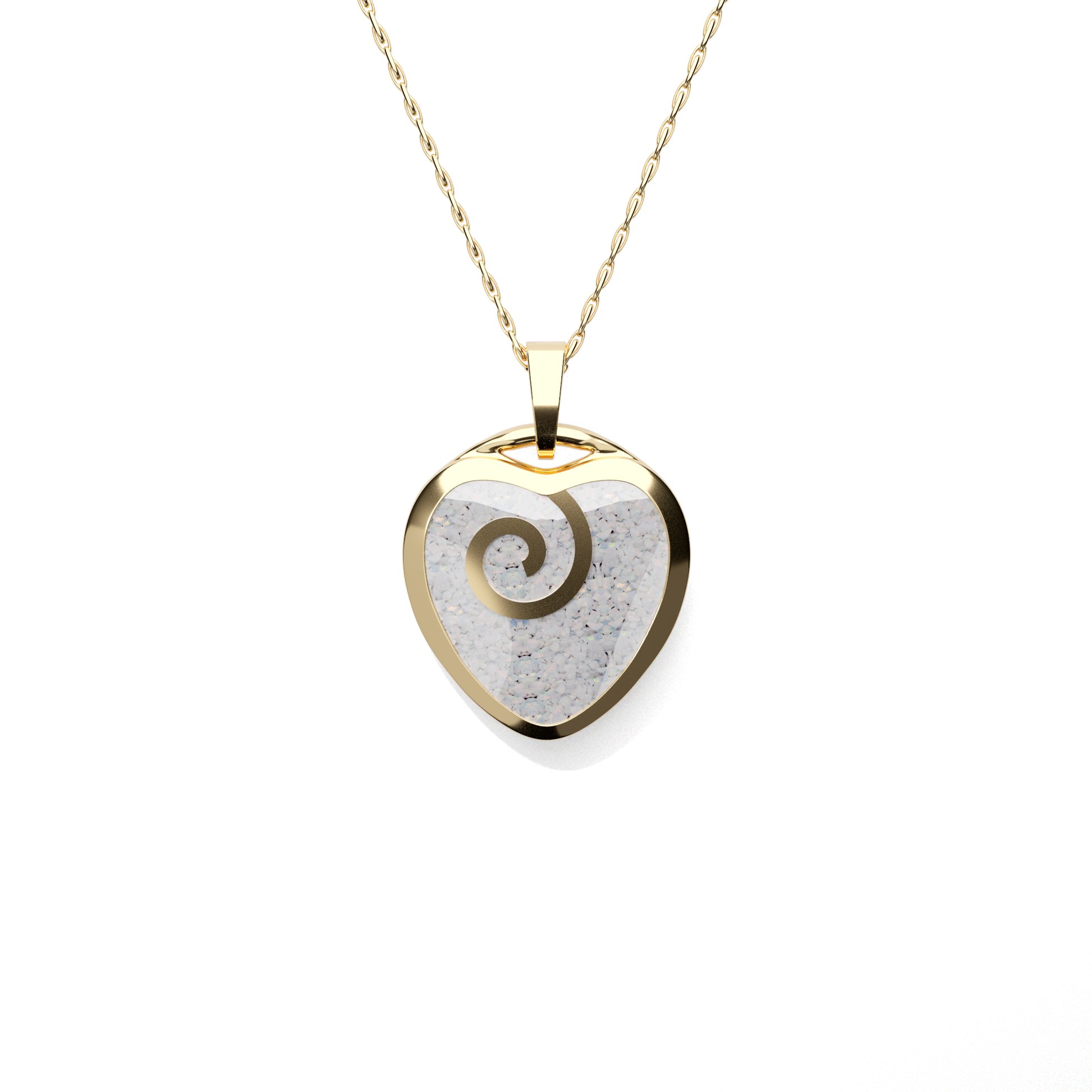 Opals & Ashes Spiral Heart Memorial Pendant 9ct Yellow Gold. Ashes blended with Pearl White Opals.