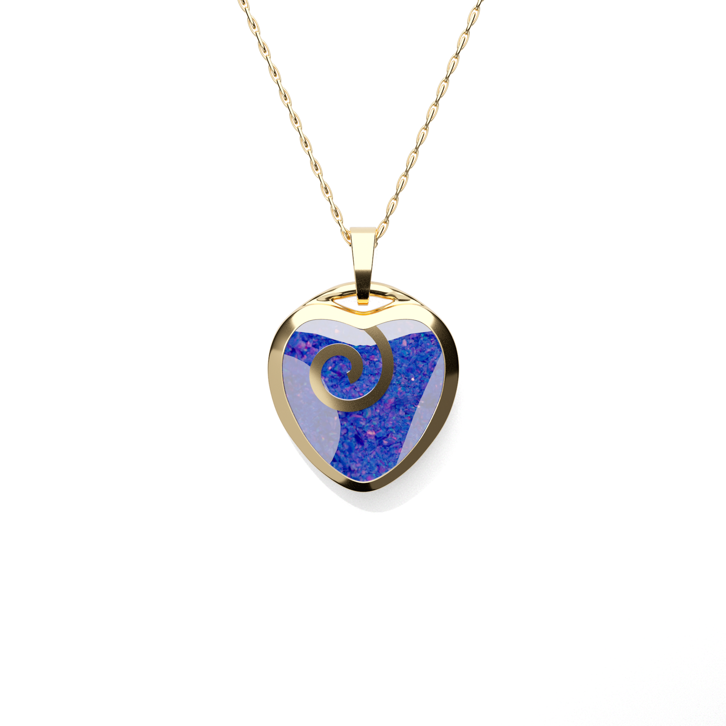 Opals & Ashes Spiral Heart Memorial Pendant 9ct Yellow Gold. Ashes blended with Royal Blue Opals.