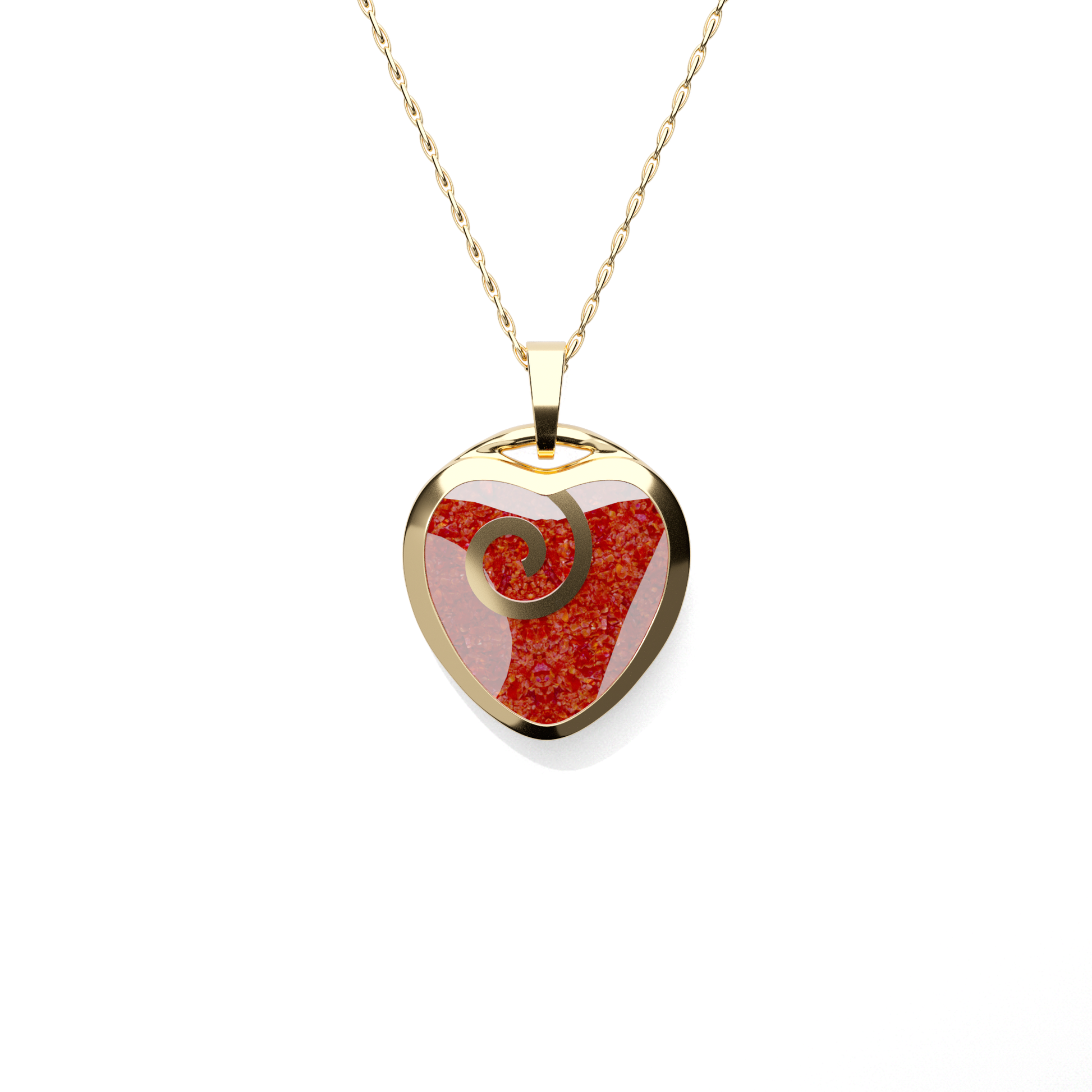 Opals & Ashes Spiral Heart Memorial Pendant 9ct Yellow Gold. Ashes blended with Ruby Red Opals.