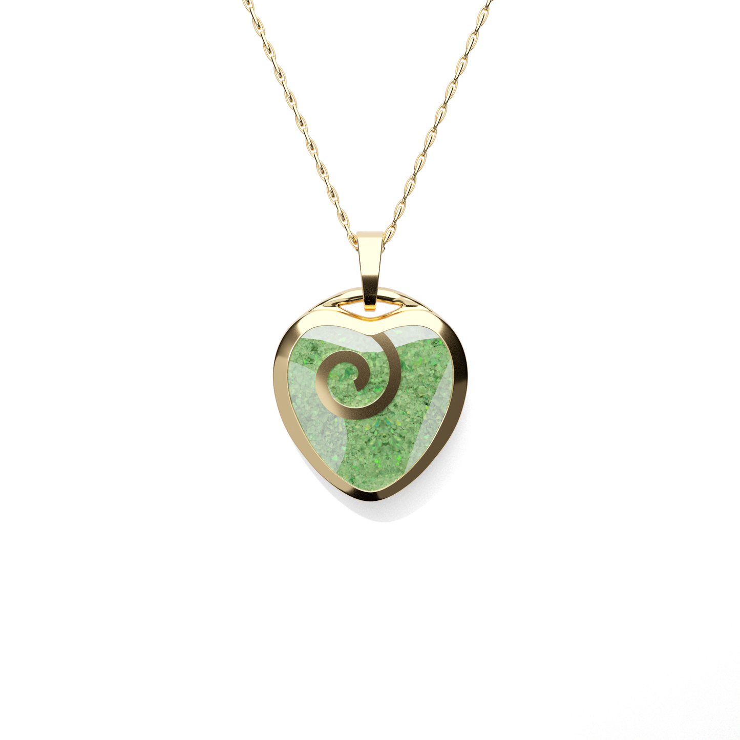 Opals & Ashes Spiral Heart Memorial Pendant 9ct Yellow Gold. Ashes blended with Spring Green Opals.